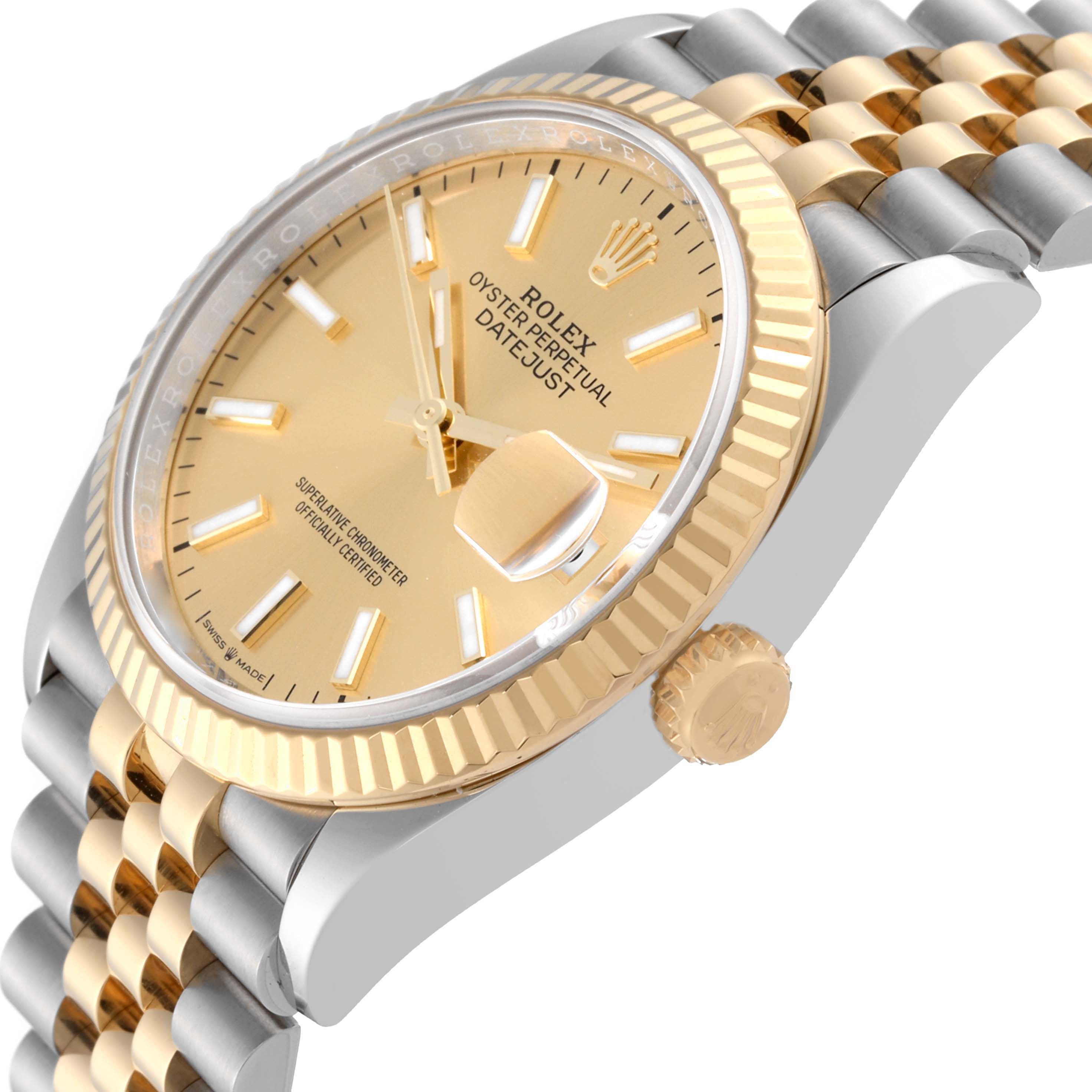 This image shows a Rolex Datejust 126233 Men
s Steel and Gold (two tone) Champagne Dial 126233 Men
s Steel and Gold (two tone) Champagne Dial watch tilted to display the dial, bezel, case, crown, and two-tone Jubilee bracelet.
