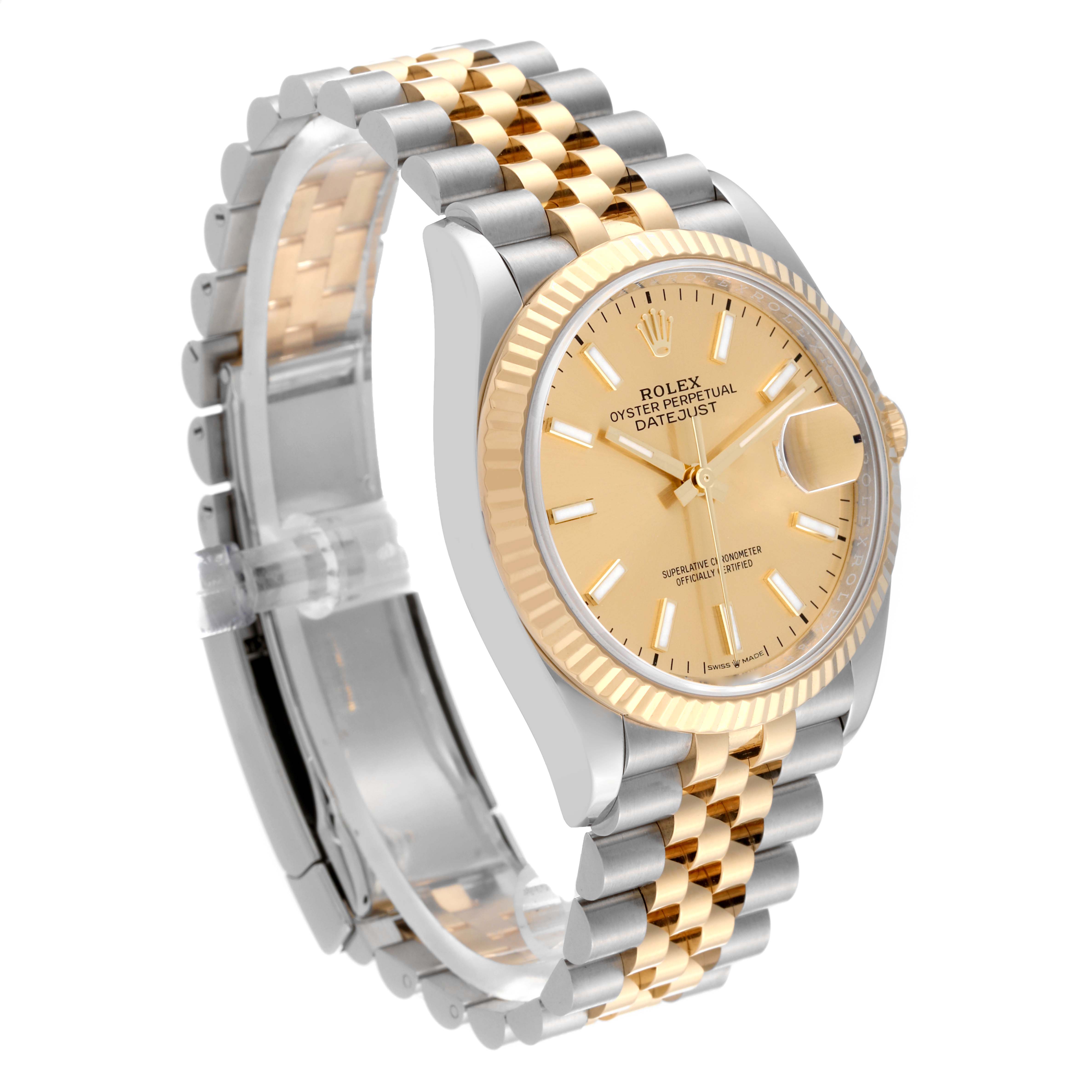 The image shows a Rolex Datejust 126233 Men
s Steel and Gold (two tone) Champagne Dial 126233 Men
s Steel and Gold (two tone) Champagne Dial watch at a three-quarter angle, highlighting its gold dial, fluted bezel, and two-tone bracelet.