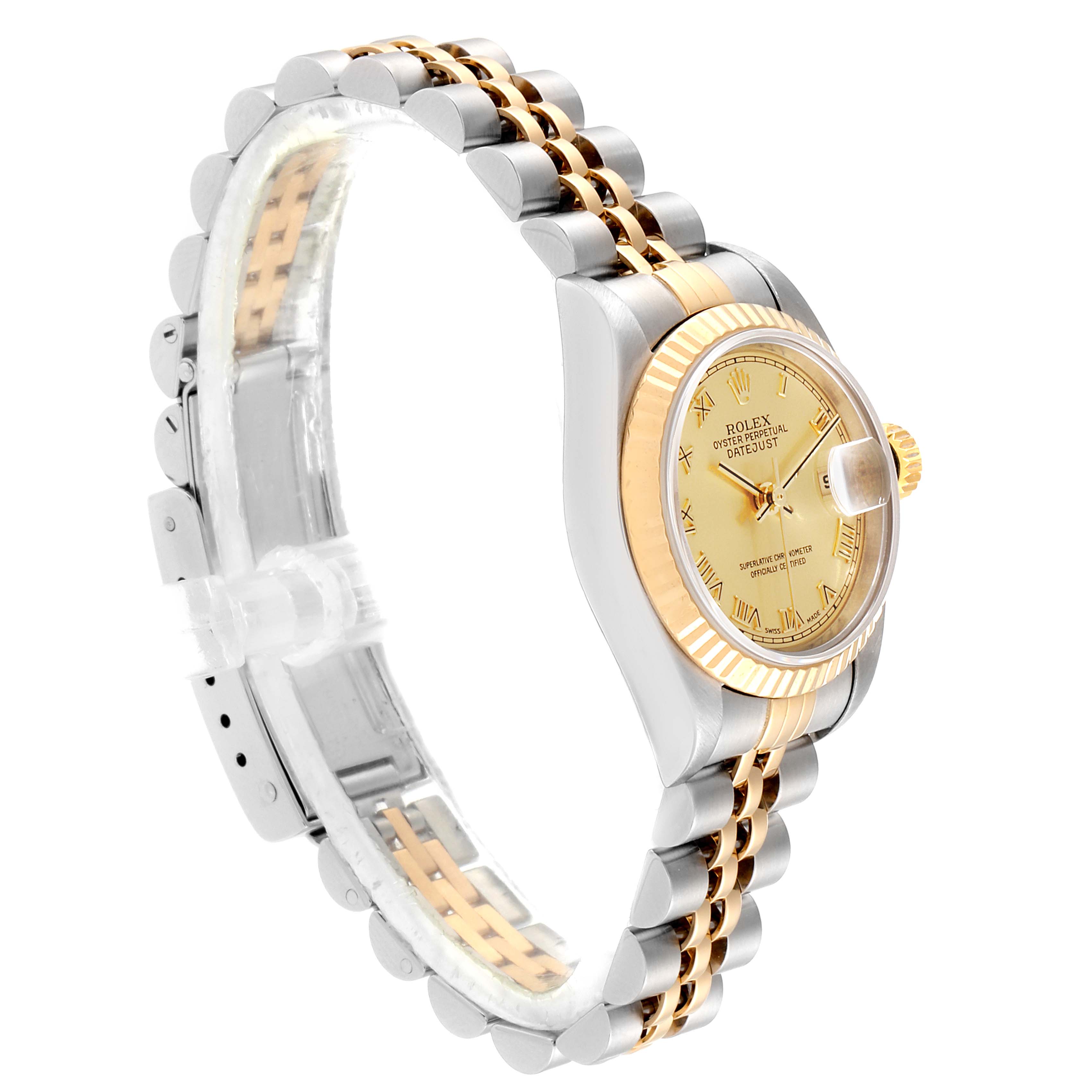 This image shows a Rolex Datejust 69173 Women's Steel and Gold (two tone) Champagne Dial 69173 Women's Steel and Gold (two tone) Champagne Dial watch at a slight angle, highlighting the face, bezel, and two-tone bracelet.