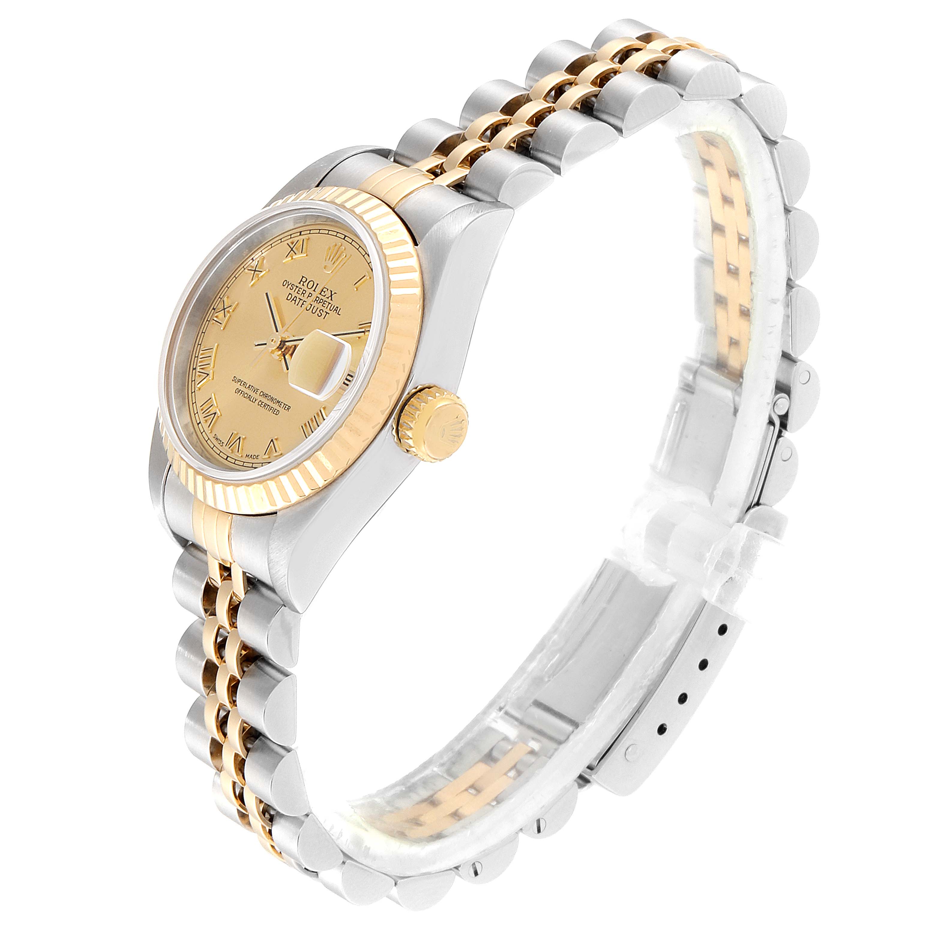 This image shows a side-angle view of the Rolex Datejust 69173 Women's Steel and Gold (two tone) Champagne Dial 69173 Women's Steel and Gold (two tone) Champagne Dial watch, highlighting its gold and silver bracelet, crown, and fluted bezel.