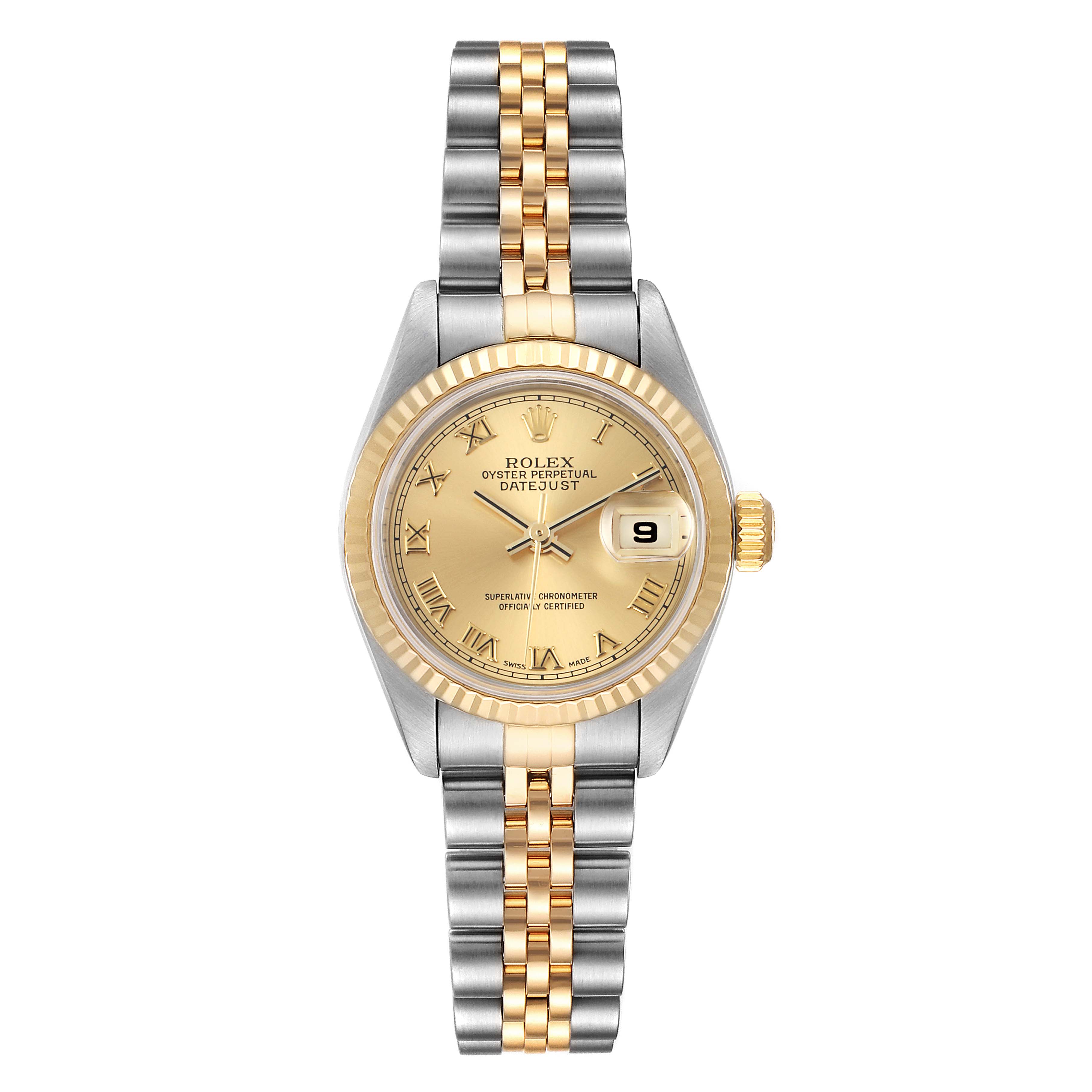 The Rolex Datejust 69173 Women's Steel and Gold (two tone) Champagne Dial 69173 Women's Steel and Gold (two tone) Champagne Dial watch is shown from the front, displaying the face, bezel, and bracelet.