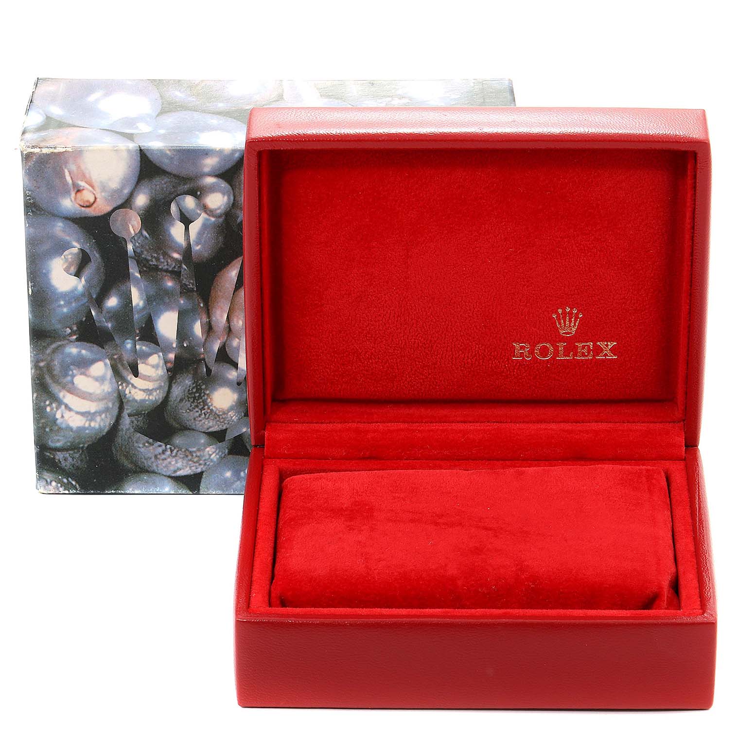 The image shows a red Rolex Datejust 69173 Women's Steel and Gold (two tone) Champagne Dial 69173 Women's Steel and Gold (two tone) Champagne Dial watch box with a pillow insert, open at an angle displaying the interior.