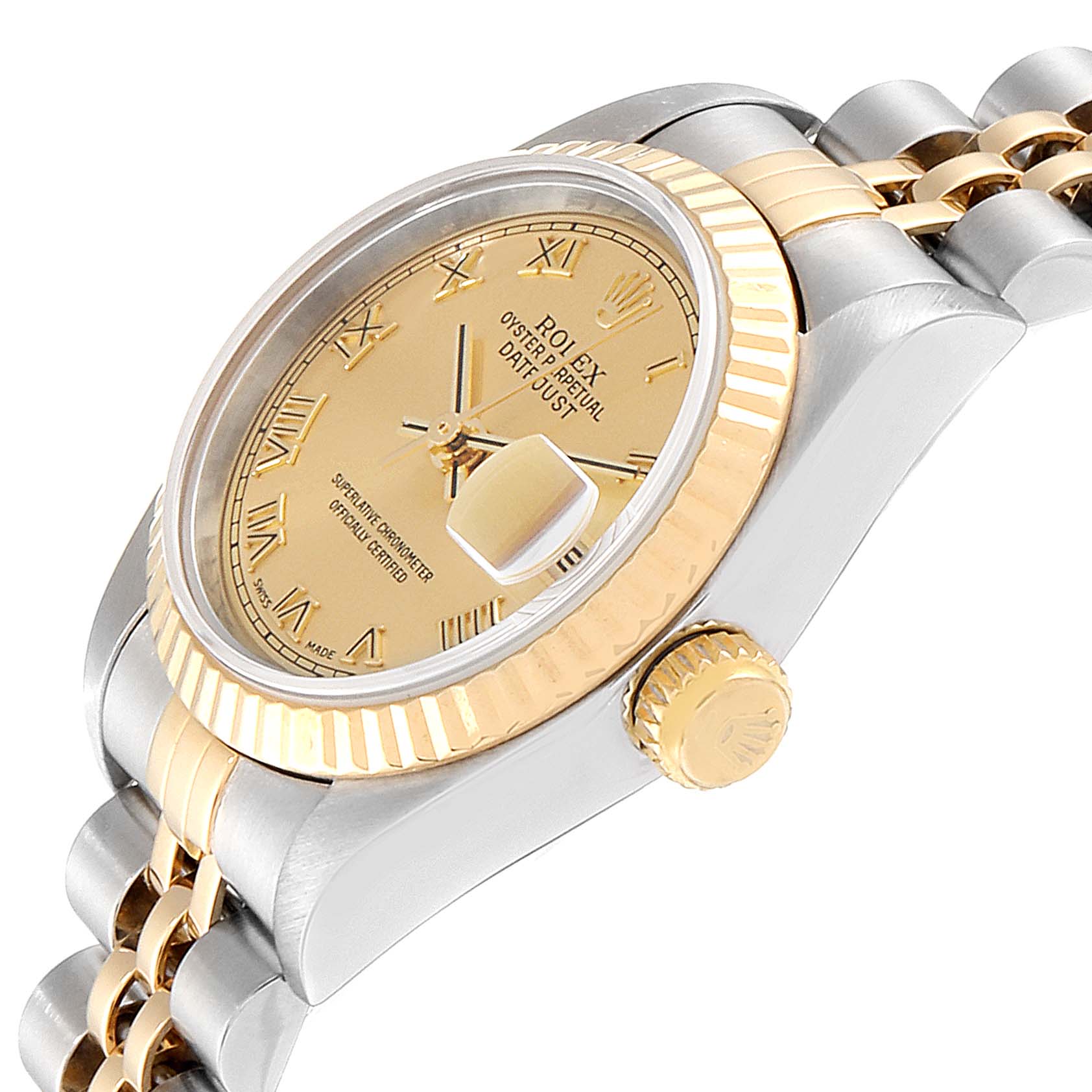 This image shows a Rolex Datejust 69173 Women's Steel and Gold (two tone) Champagne Dial 69173 Women's Steel and Gold (two tone) Champagne Dial watch at an angled view, displaying its gold fluted bezel, dial, crown, and Jubilee bracelet.