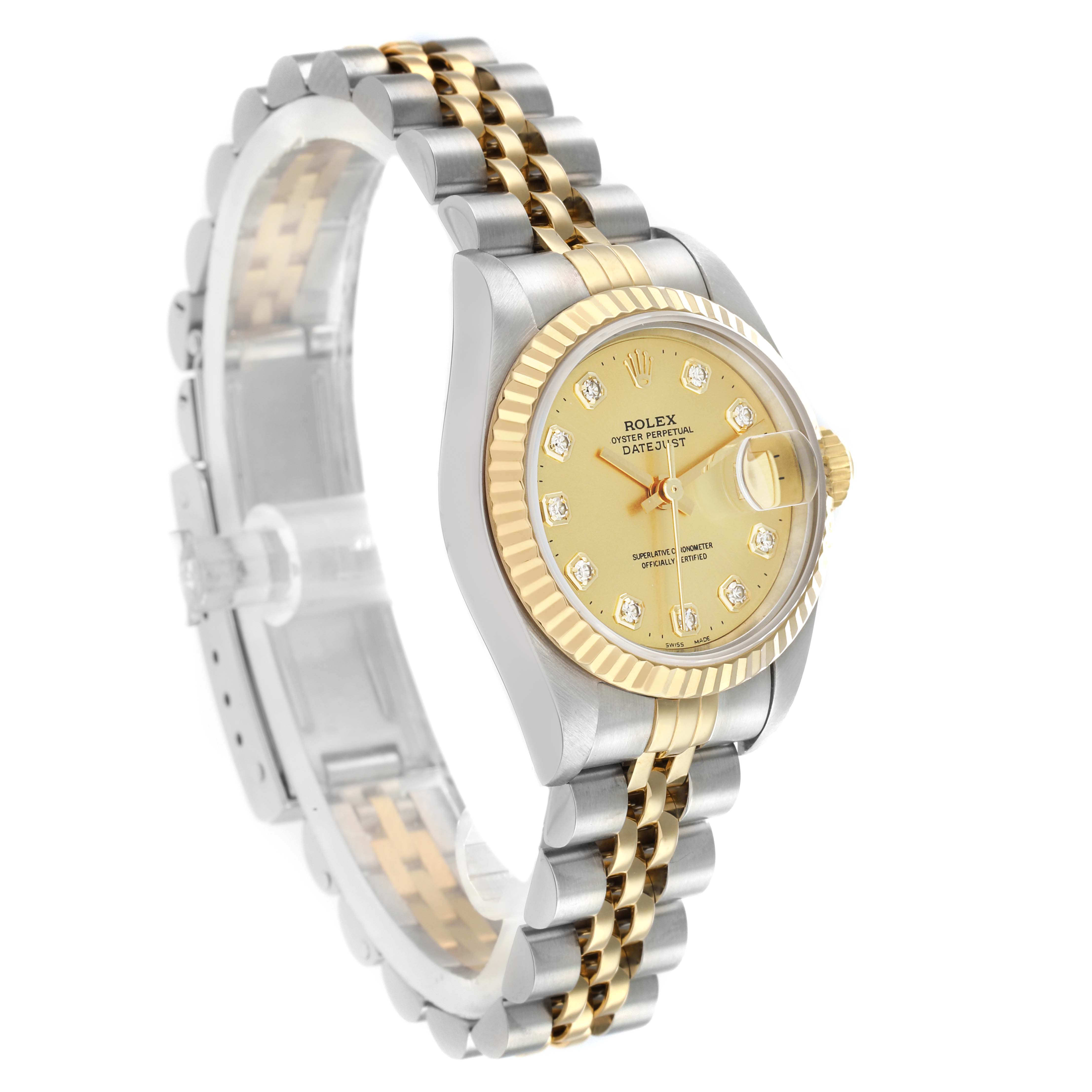 The Rolex Datejust 69173 Women
s Steel and Gold (two tone) Champagne Dial watch is shown at an angle emphasizing the gold-tone dial, diamond hour markers, and two-tone Jubilee bracelet.