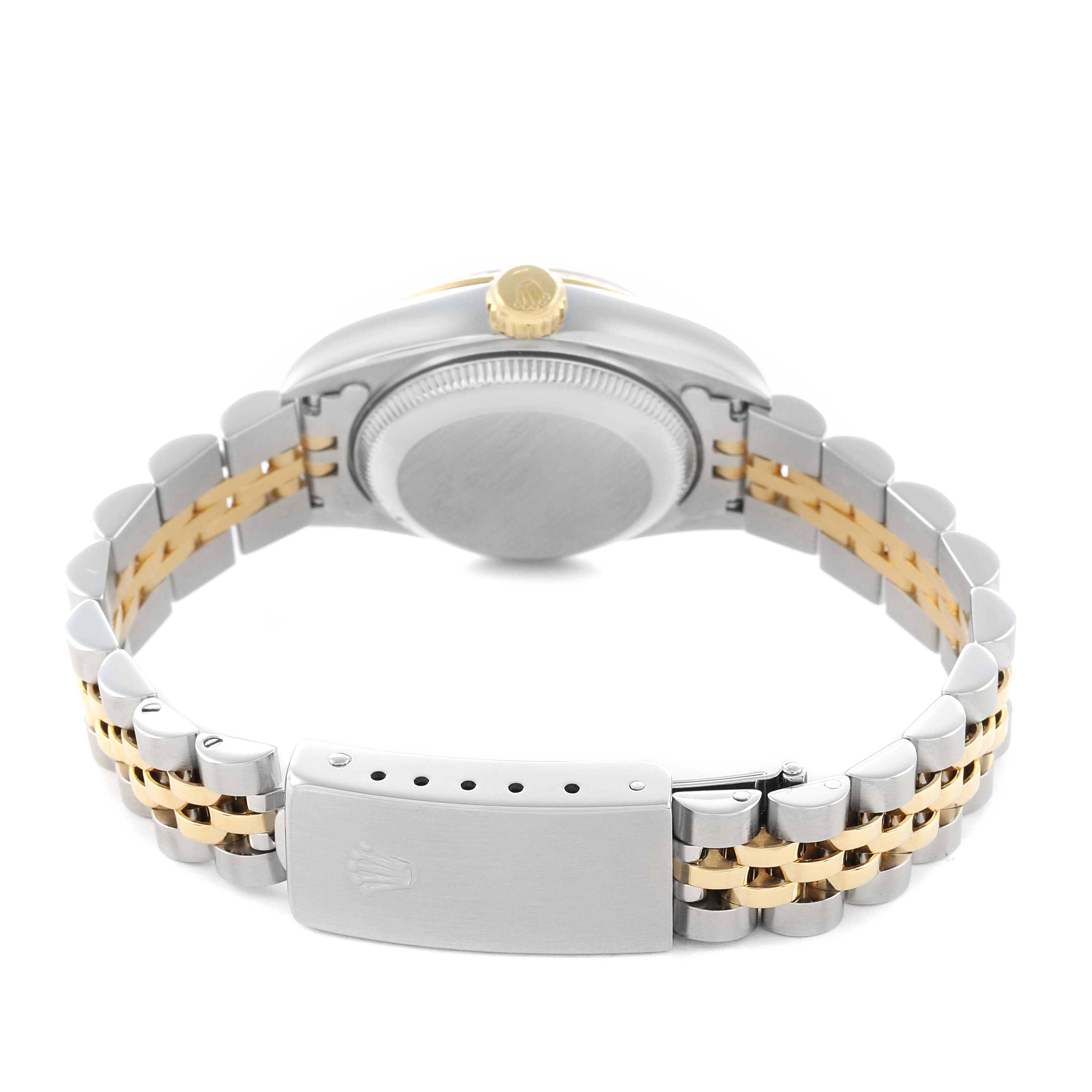 The Rolex Datejust 69173 Women
s Steel and Gold (two tone) Champagne Dial watch is shown from the back, highlighting the case back, crown, and two-tone bracelet with a clasp.
