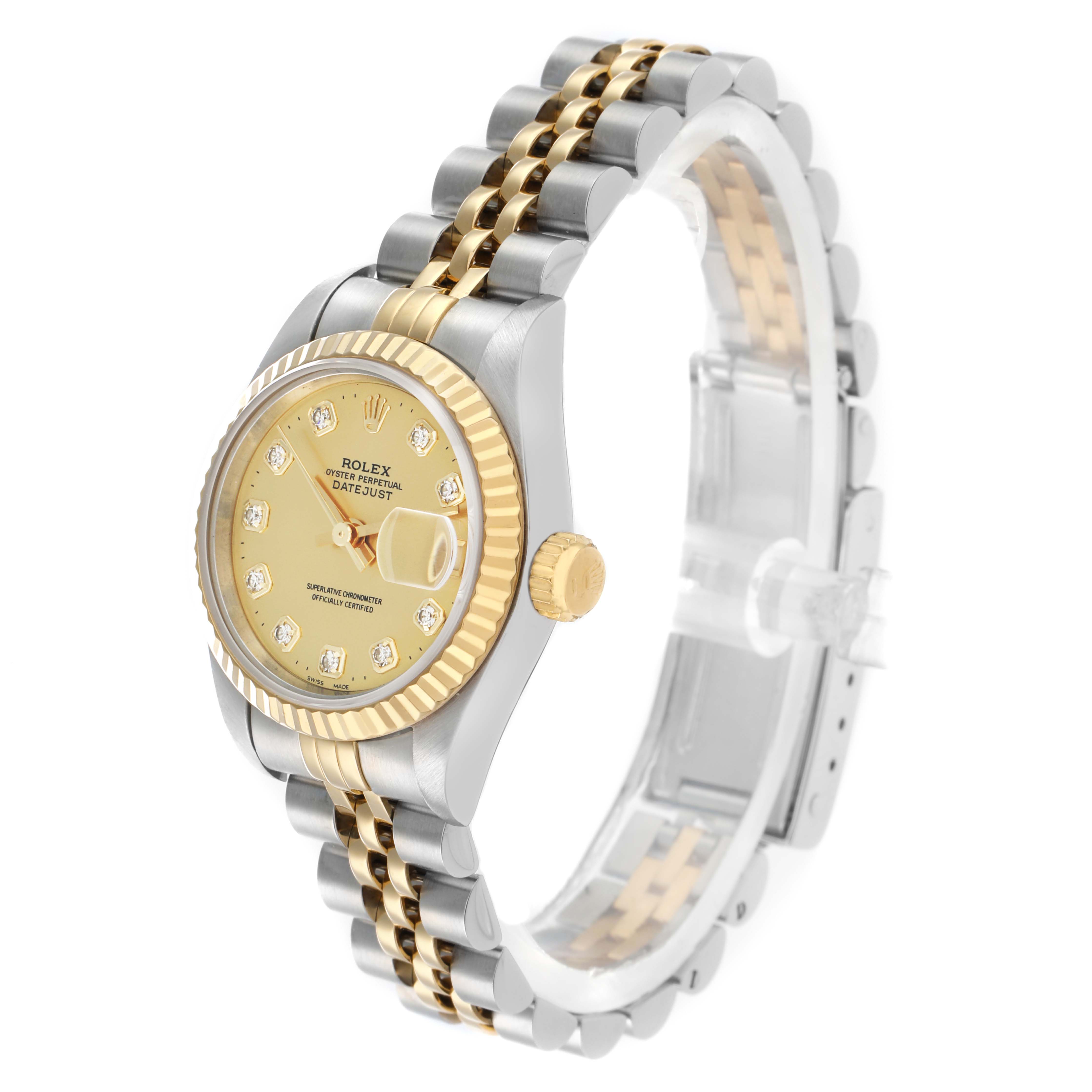 The Rolex Datejust 69173 Women
s Steel and Gold (two tone) Champagne Dial watch is shown at a three-quarter angle, highlighting the dial, bezel, and two-tone Jubilee bracelet.