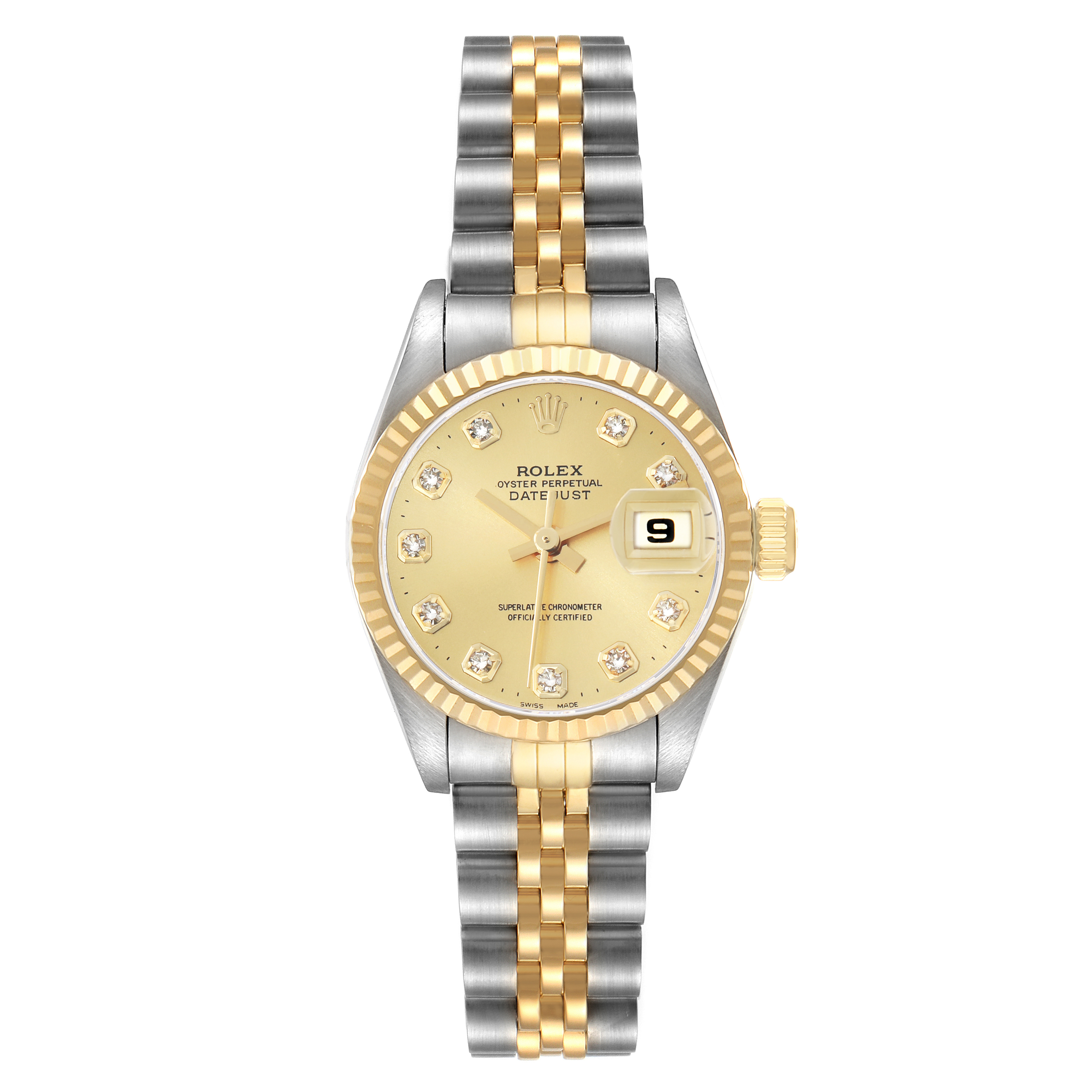 The Rolex Datejust 69173 Women
s Steel and Gold (two tone) Champagne Dial watch is shown from a top view, highlighting the bezel, dial, hands, date window, and two-tone bracelet.