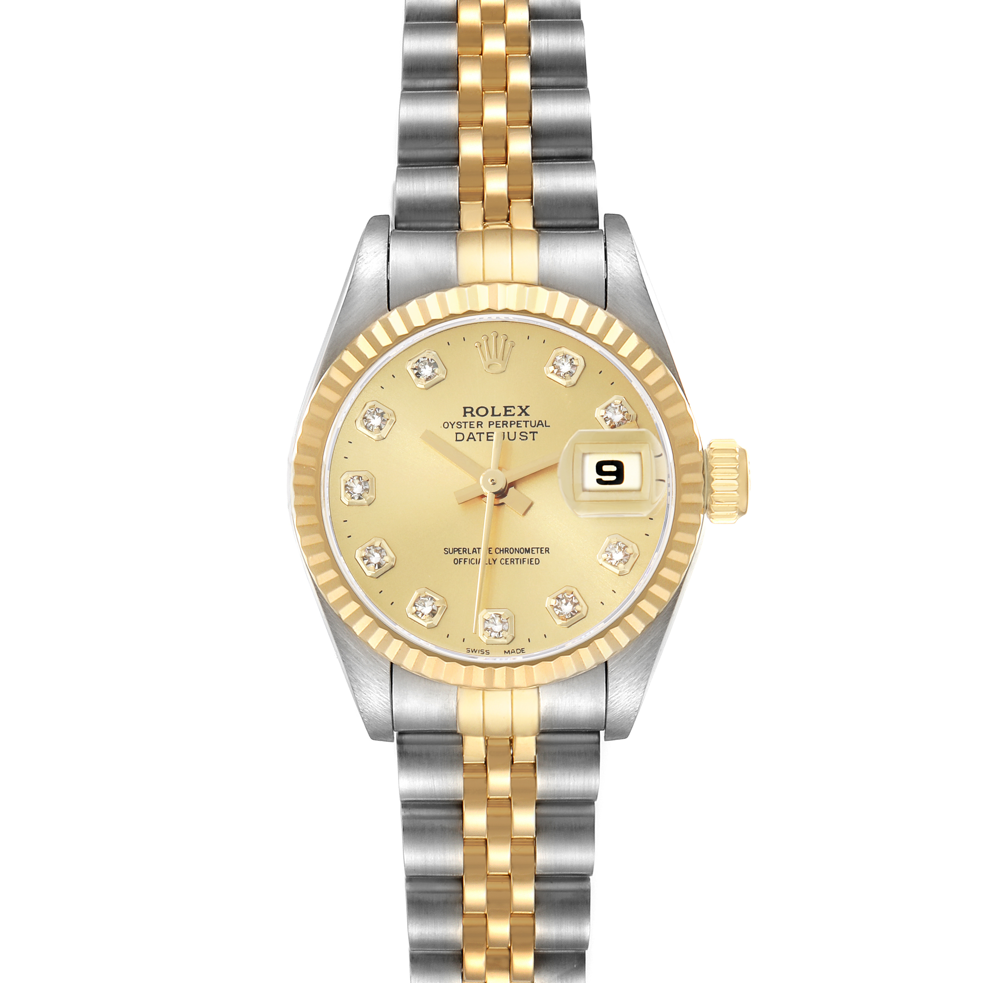 The Rolex Datejust 69173 Women
s Steel and Gold (two tone) Champagne Dial watch is shown from the front, displaying the dial, bezel, and the Jubilee bracelet clearly.