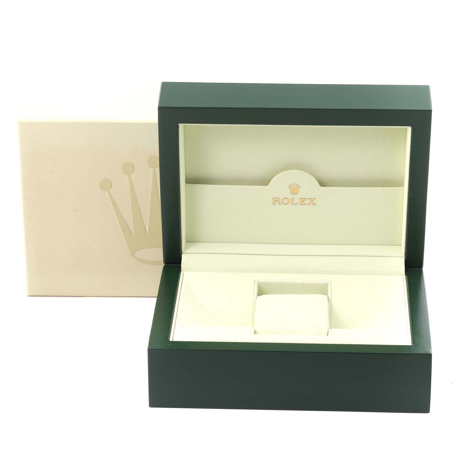 This image shows an open green Rolex Datejust 116233 Men
s Steel and Gold (two tone) Champagne Dial 116233 Men
s Steel and Gold (two tone) Champagne Dial watch box from a front angle with the Rolex logo inside.