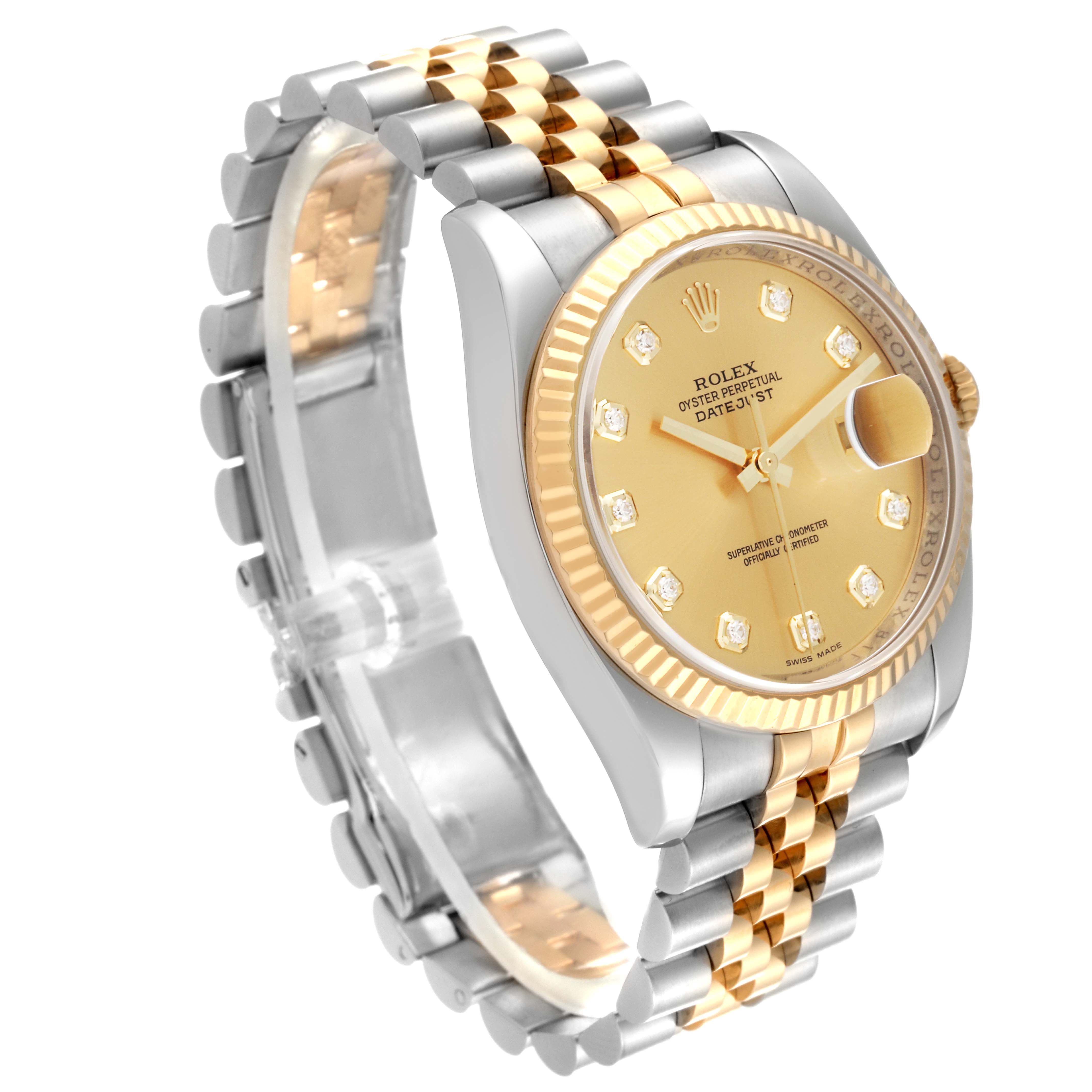 The Rolex Datejust 116233 Men
s Steel and Gold (two tone) Champagne Dial 116233 Men
s Steel and Gold (two tone) Champagne Dial watch is shown at an angle displaying the face and part of the bracelet.