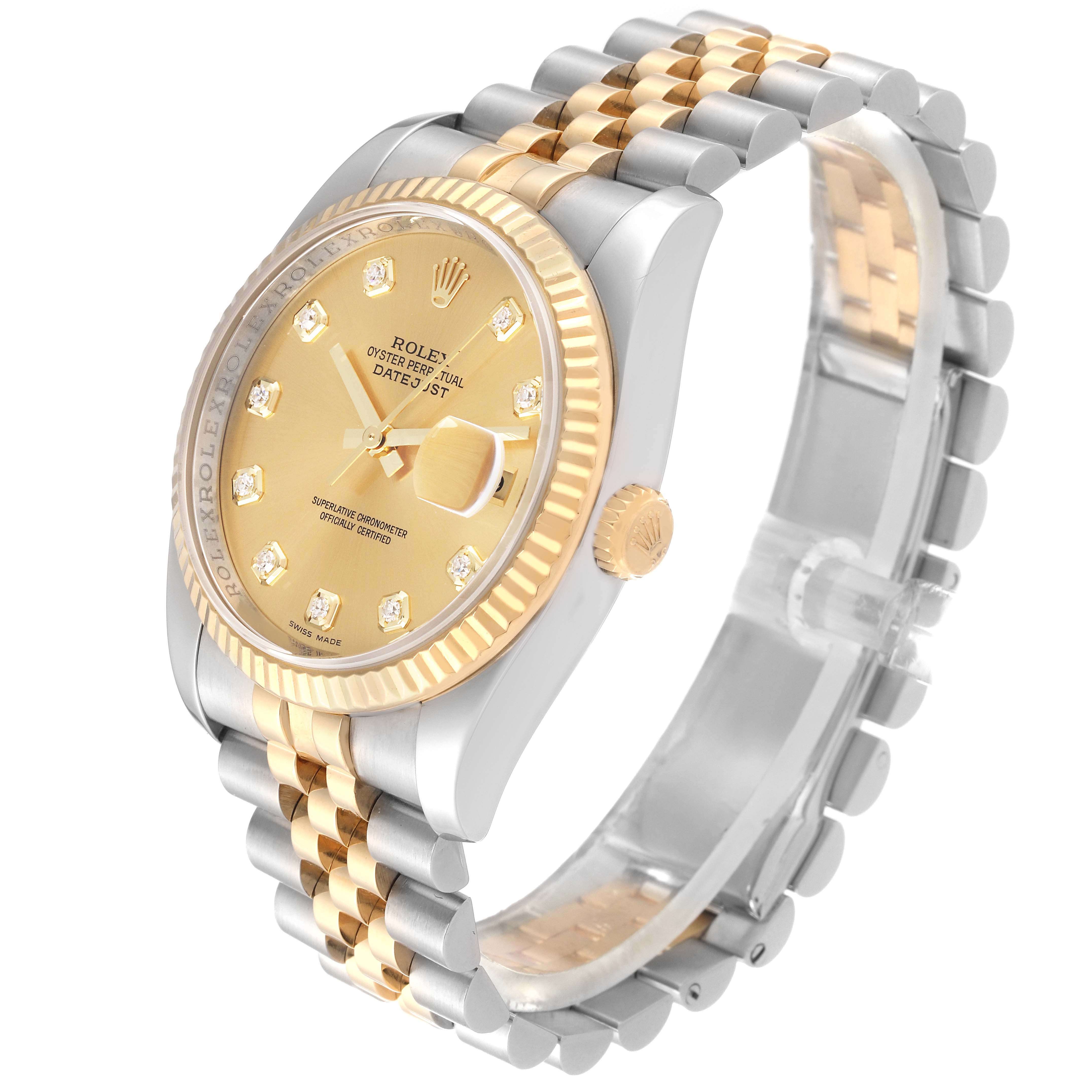 This image shows a Rolex Datejust 116233 Men
s Steel and Gold (two tone) Champagne Dial 116233 Men
s Steel and Gold (two tone) Champagne Dial watch angled from the top-right, displaying its gold and silver bracelet, dial, and fluted bezel.