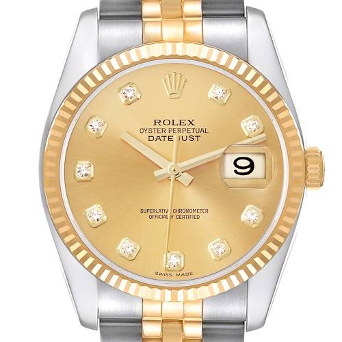 This image shows a frontal view of the Rolex Datejust watch, highlighting its gold dial, date window, and two-tone bracelet.