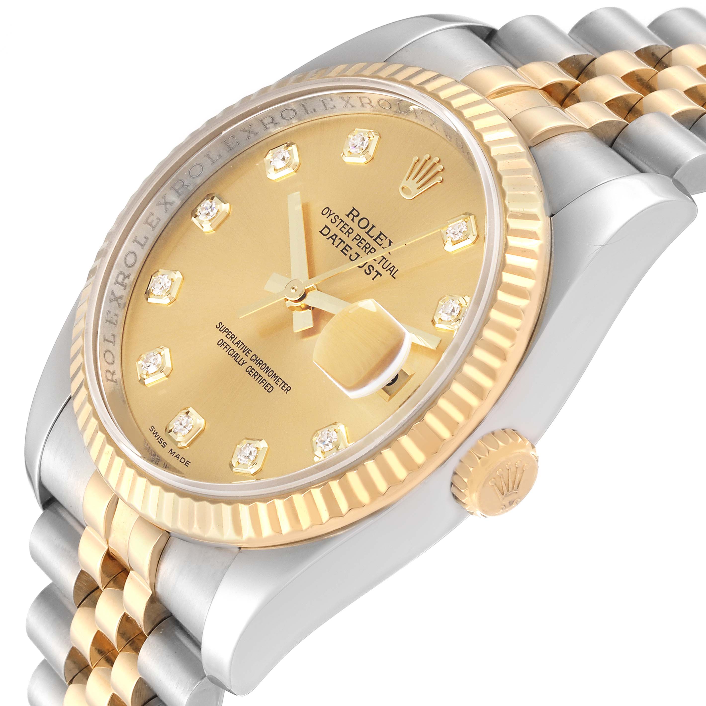 The image shows a close-up angled view of a Rolex Datejust 116233 Men
s Steel and Gold (two tone) Champagne Dial 116233 Men
s Steel and Gold (two tone) Champagne Dial watch, highlighting the gold dial, diamond markers, fluted bezel, and two-tone bracelet.