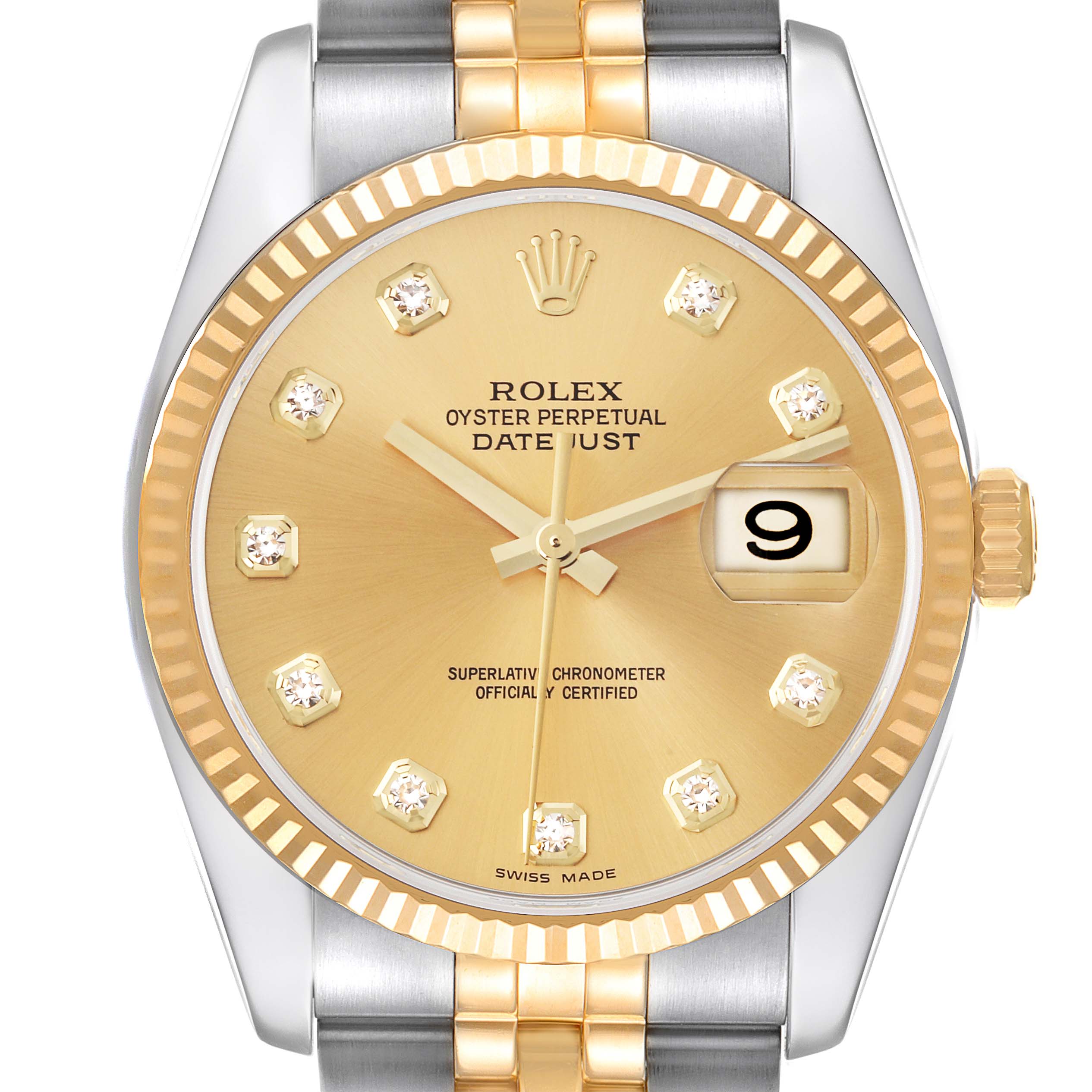 The image shows the front view of a Rolex Datejust 116233 Men
s Steel and Gold (two tone) Champagne Dial 116233 Men
s Steel and Gold (two tone) Champagne Dial watch, highlighting the golden dial, date window, and two-tone bracelet.