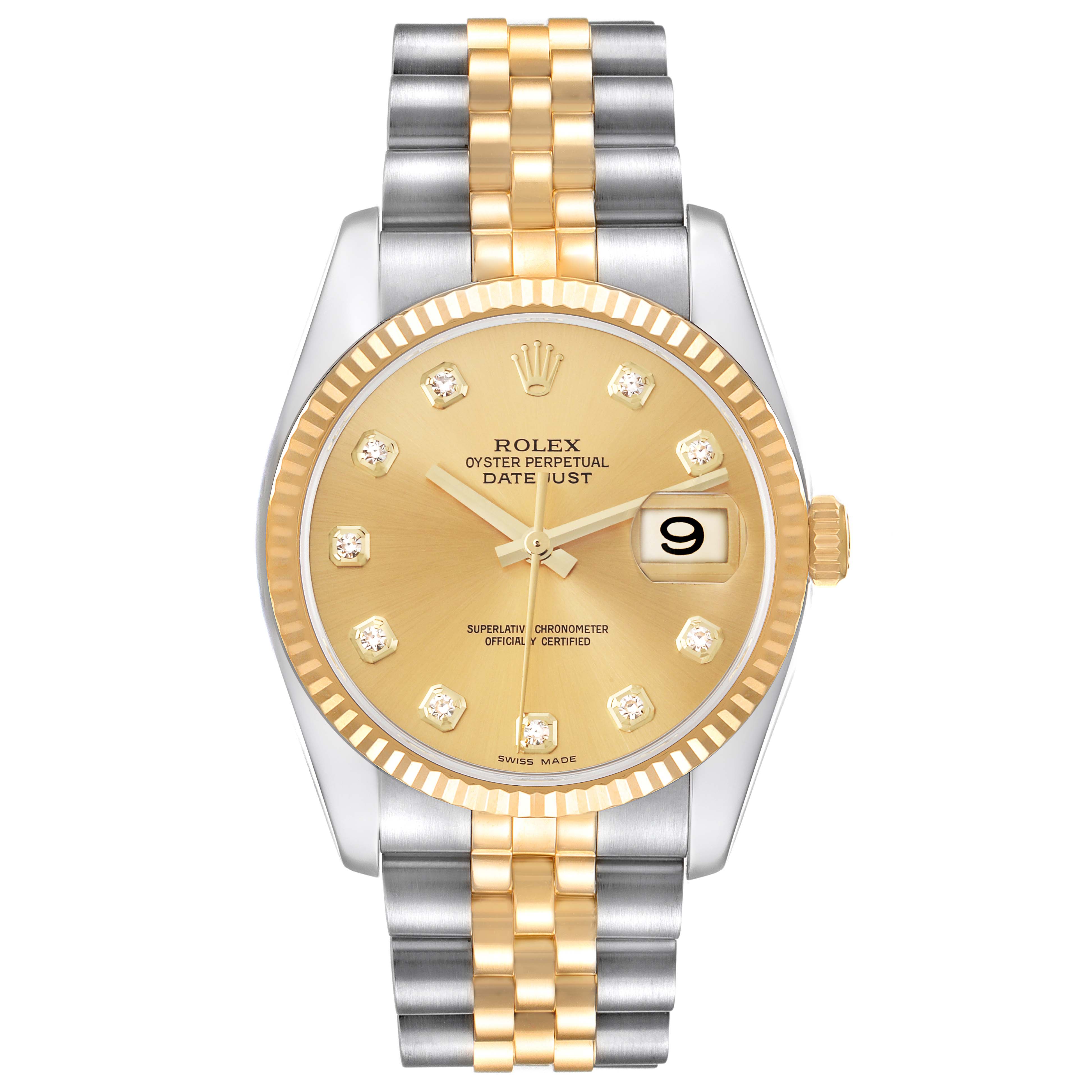 This image shows a front view of a Rolex Datejust 116233 Men
s Steel and Gold (two tone) Champagne Dial 116233 Men
s Steel and Gold (two tone) Champagne Dial watch, highlighting its gold dial, diamond markers, and two-tone bracelet.