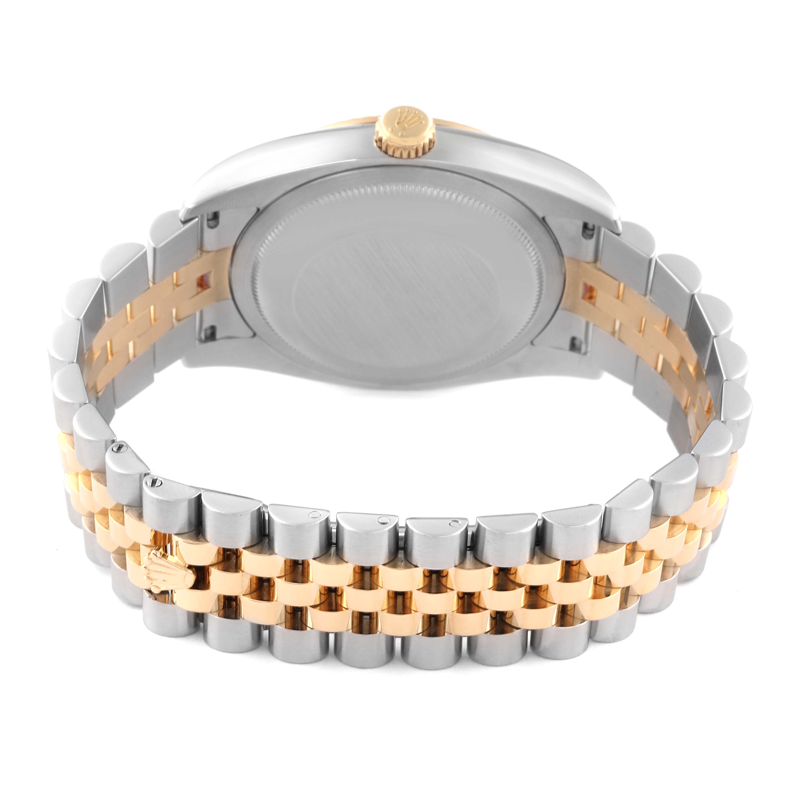 The image shows the back and bracelet of a Rolex Datejust 116233 Men
s Steel and Gold (two tone) Champagne Dial 116233 Men
s Steel and Gold (two tone) Champagne Dial watch, highlighting its two-tone metal design.
