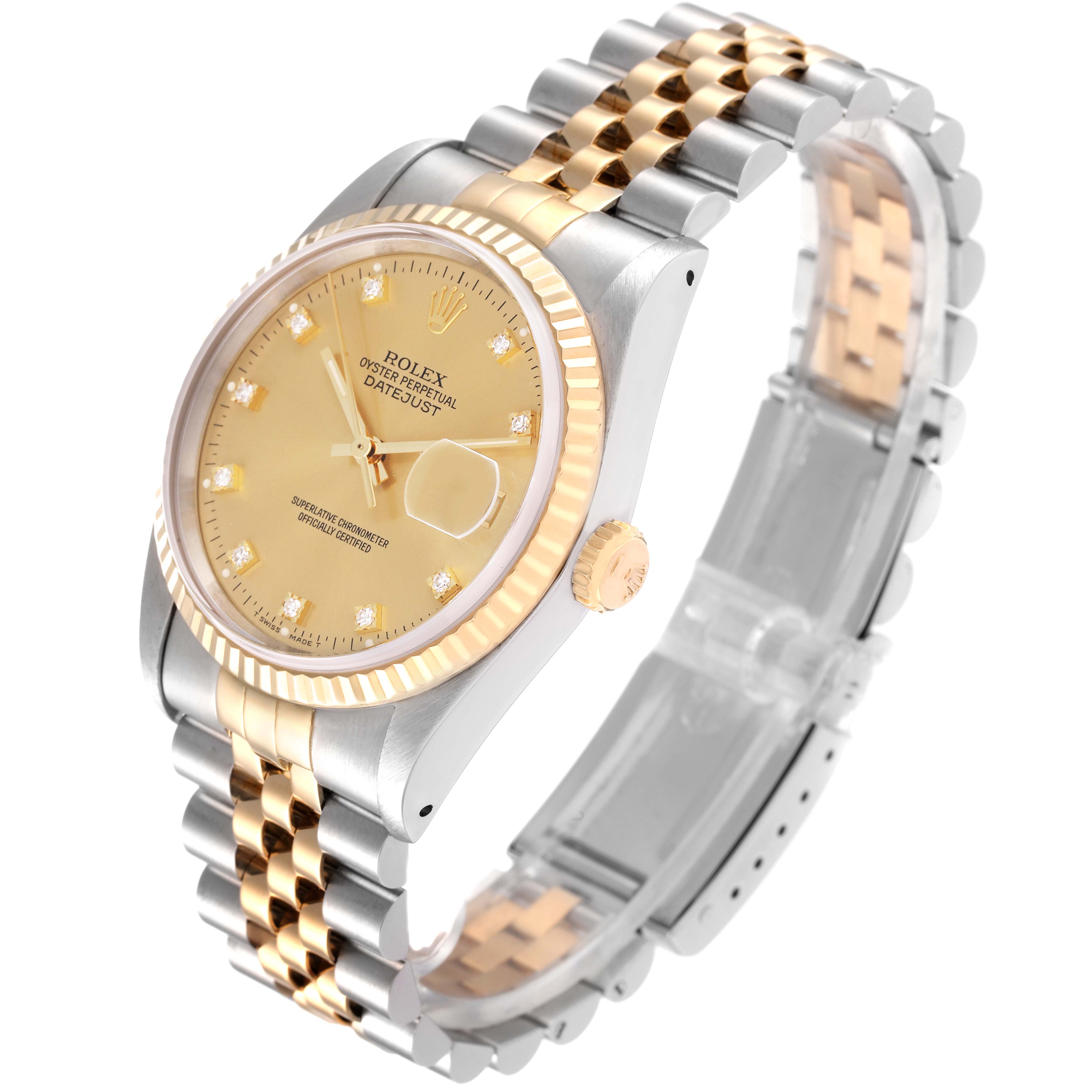 The image shows a Rolex Datejust 16233 Men's Steel and Gold (two tone) Champagne Dial 16233 Men's Steel and Gold (two tone) Champagne Dial watch at a side angle, highlighting its two-tone bracelet, gold bezel, and champagne dial with date display.
