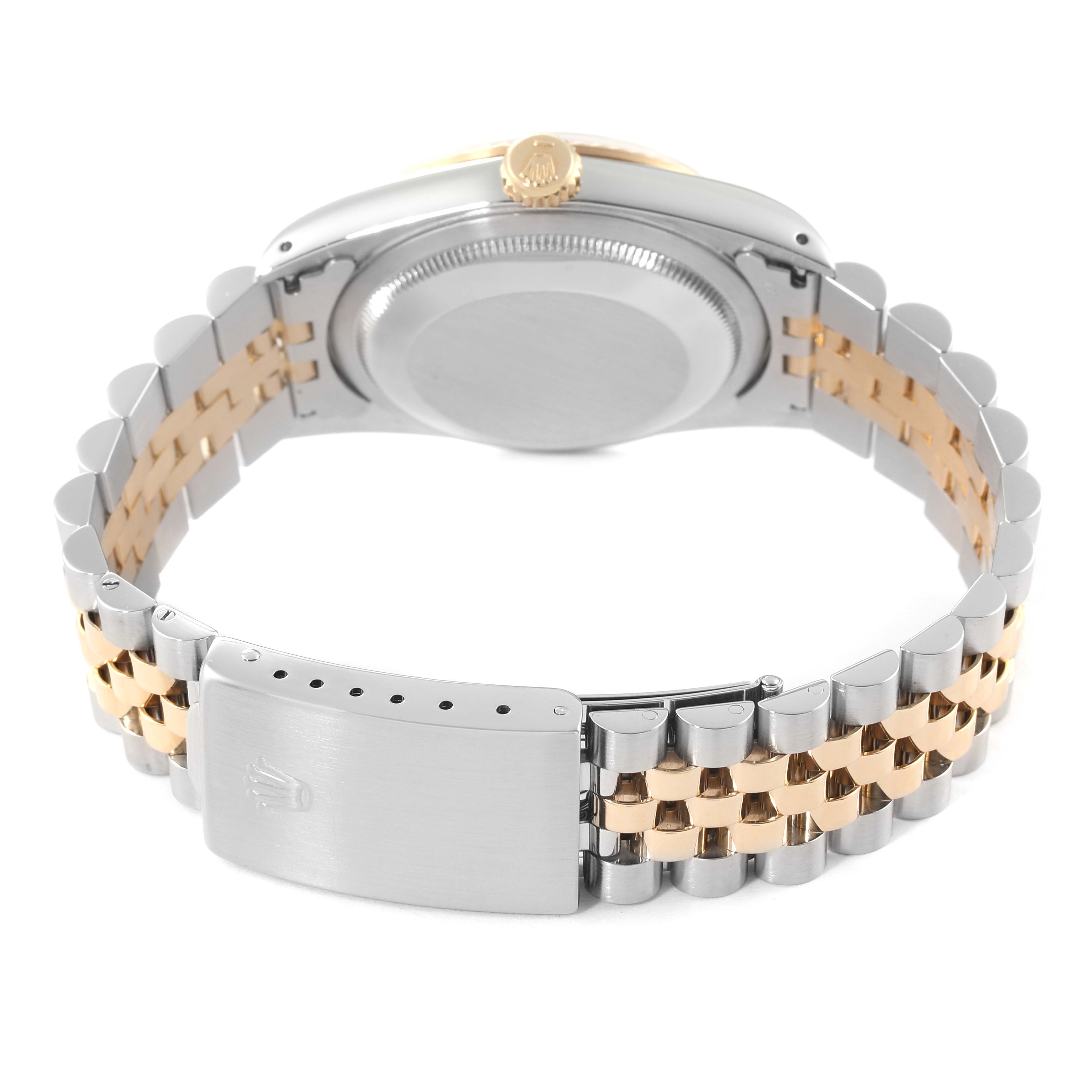 The image shows the backside of the Rolex Datejust 16233 Men's Steel and Gold (two tone) Champagne Dial 16233 Men's Steel and Gold (two tone) Champagne Dial watch, focusing on the clasp, bracelet, and case back.