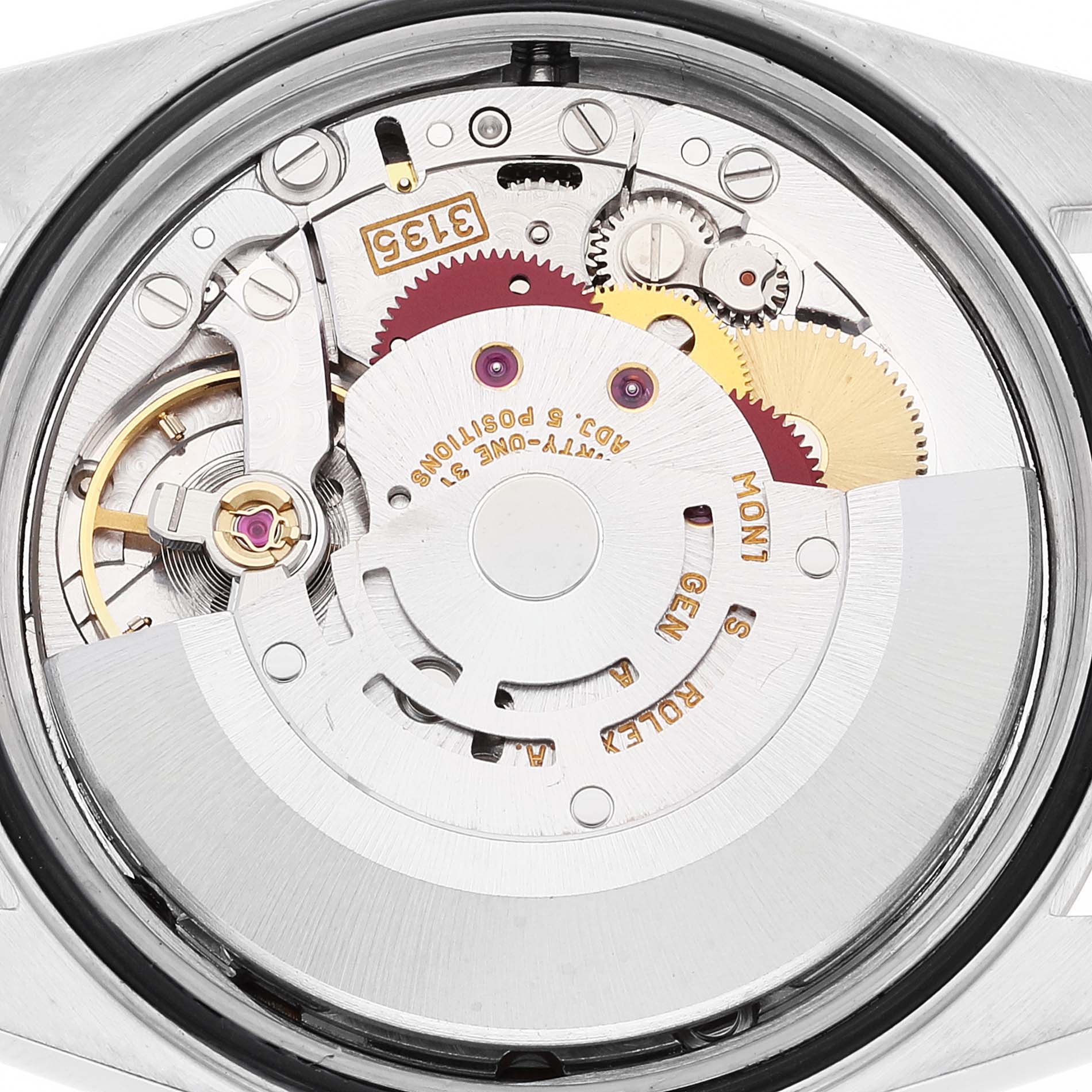 This image shows a close-up view of the Rolex Datejust 16233 Men's Steel and Gold (two tone) Champagne Dial 16233 Men's Steel and Gold (two tone) Champagne Dial watch’s internal movement mechanism.