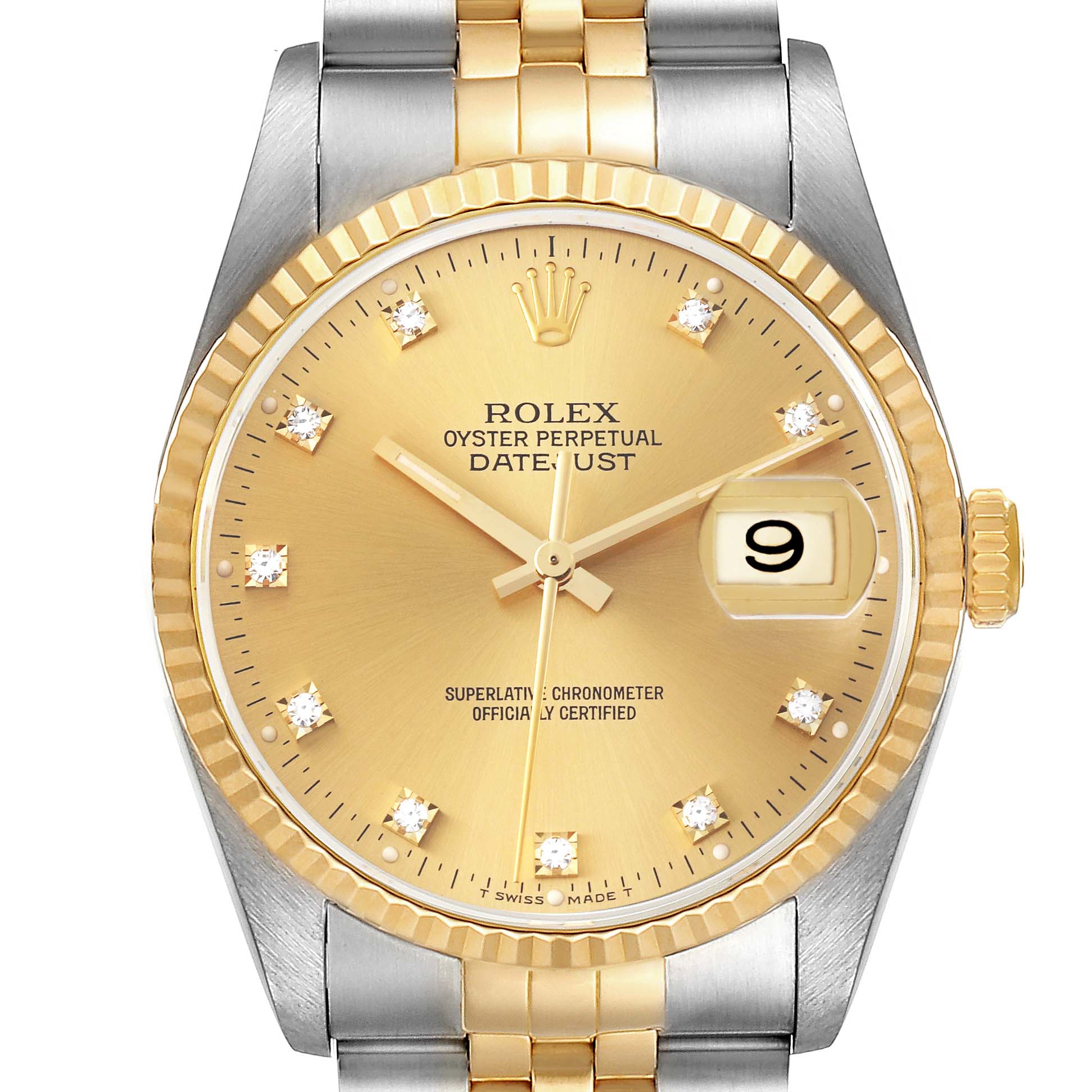 This image shows a front view of a Rolex Datejust 16233 Men's Steel and Gold (two tone) Champagne Dial 16233 Men's Steel and Gold (two tone) Champagne Dial, highlighting its gold dial, fluted bezel, and two-tone band.