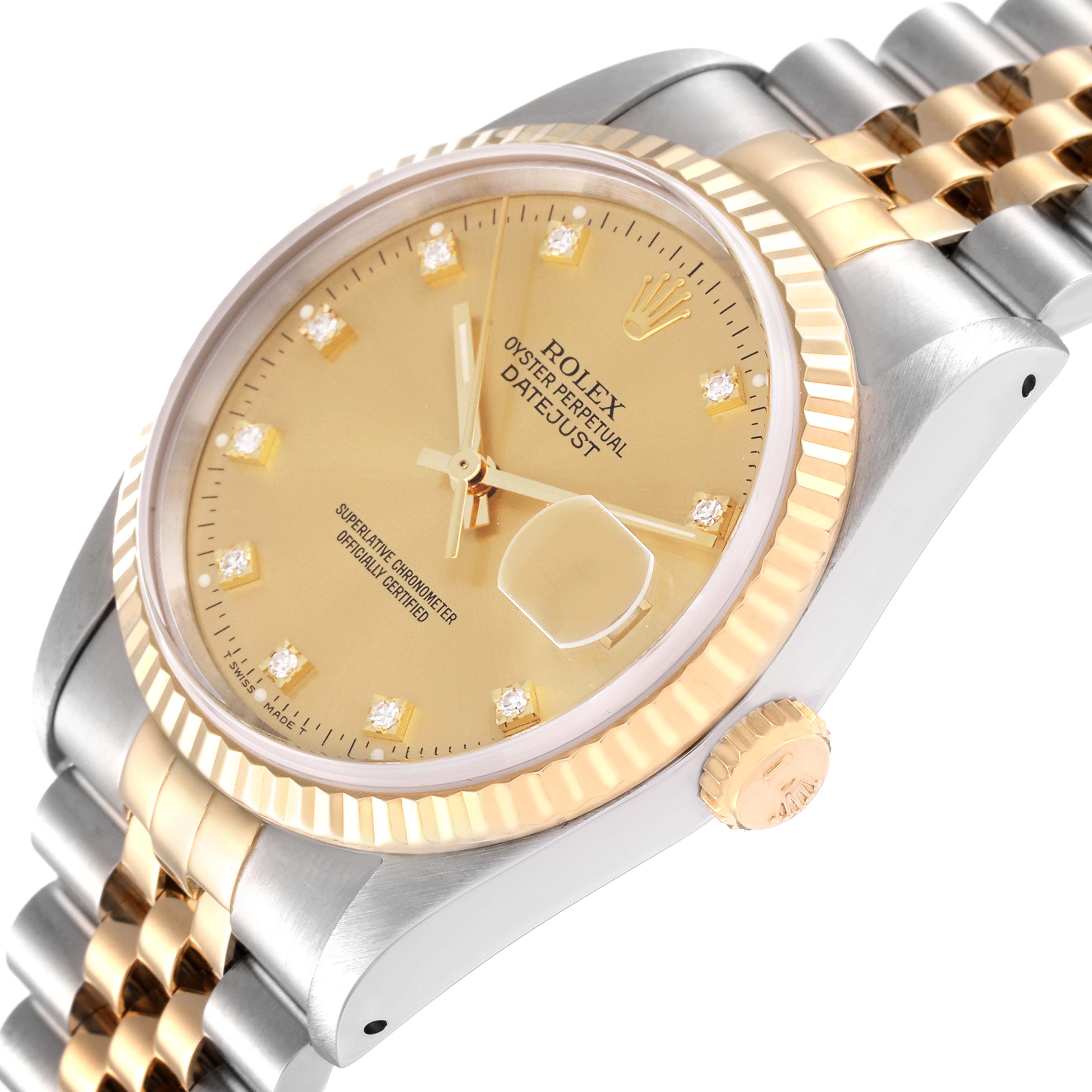 This image shows a Rolex Datejust 16233 Men's Steel and Gold (two tone) Champagne Dial 16233 Men's Steel and Gold (two tone) Champagne Dial watch from an oblique angle, highlighting the dial, bezel, crown, and part of the bracelet.