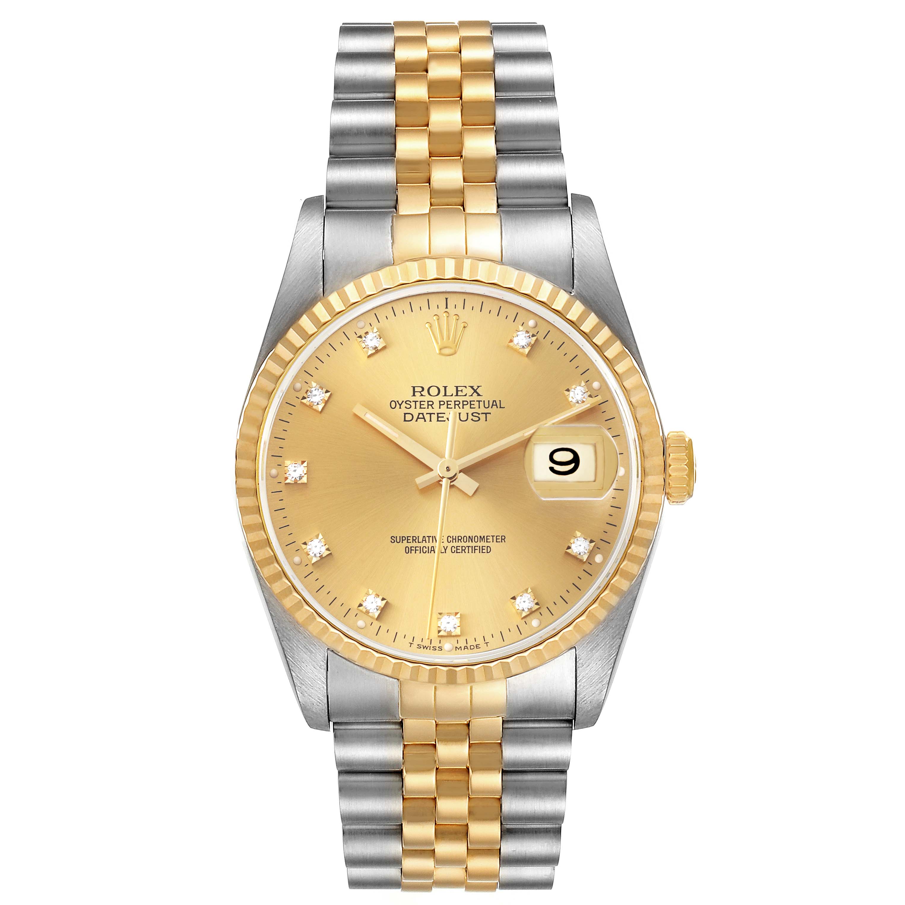 The image shows a front view of a Rolex Datejust 16233 Men's Steel and Gold (two tone) Champagne Dial 16233 Men's Steel and Gold (two tone) Champagne Dial watch, highlighting its gold dial, date window, and two-tone bracelet.
