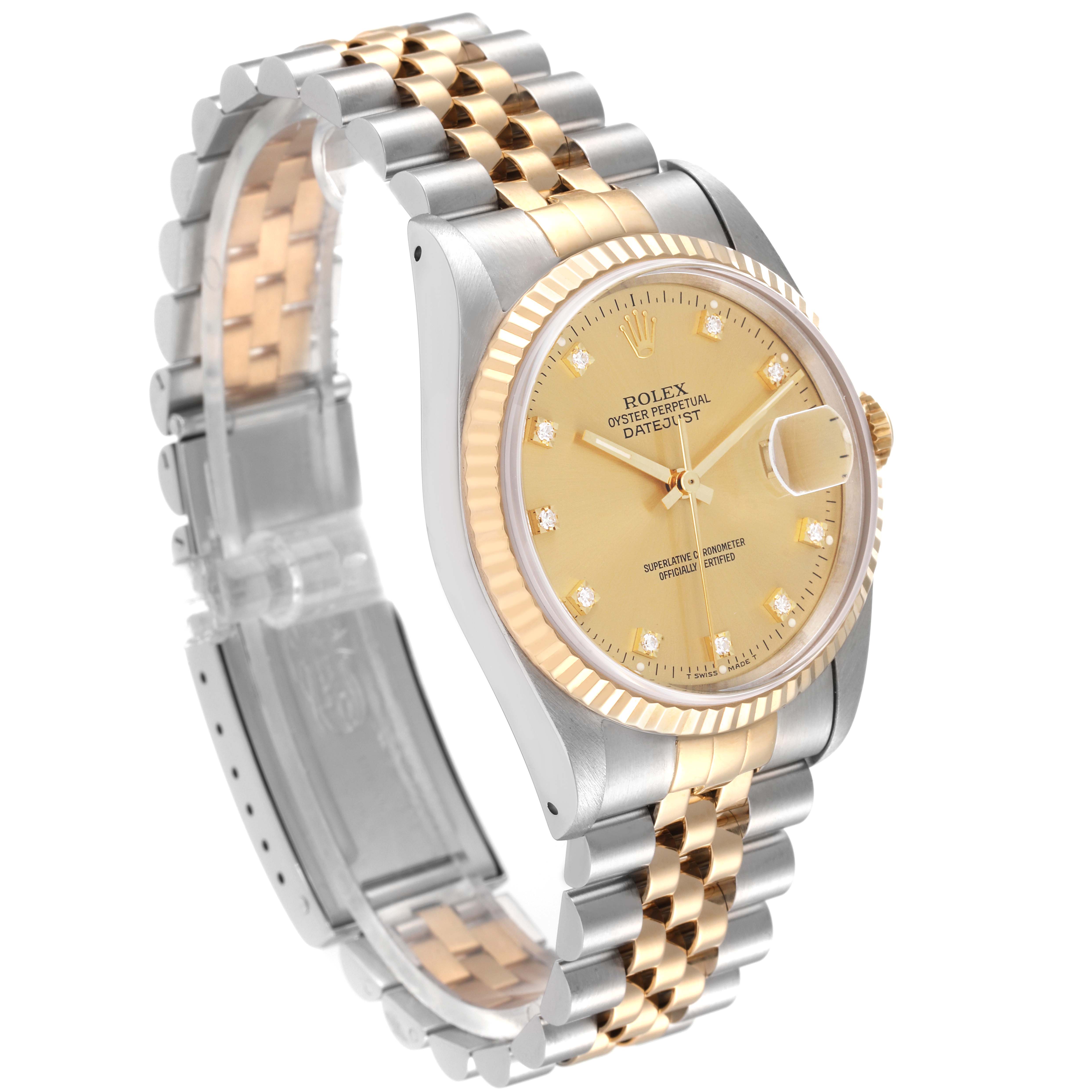 The Rolex Datejust 16233 Men's Steel and Gold (two tone) Champagne Dial 16233 Men's Steel and Gold (two tone) Champagne Dial watch is shown at an angle highlighting its gold dial, bezel, and two-tone metal bracelet.