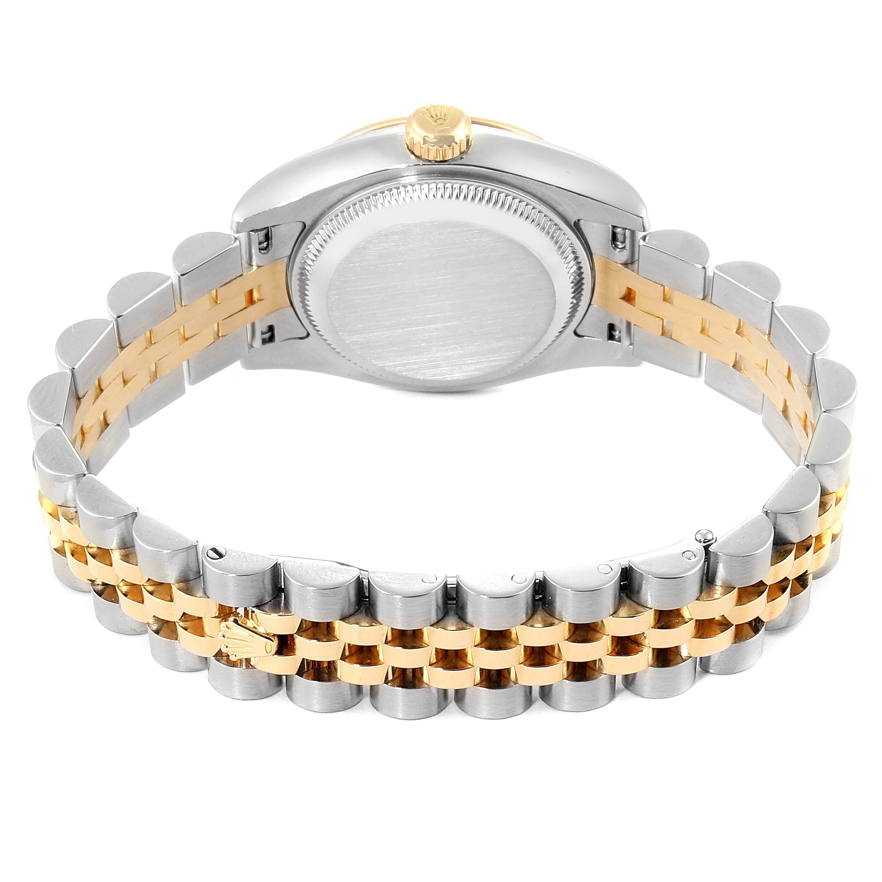 The back and bracelet of a Rolex Datejust 179173 Women's Steel and Gold (two tone) Mother of Pearl Dial 179173 Women's Steel and Gold (two tone) Mother of Pearl Dial watch are shown from a rear angle, highlighting the two-tone design.