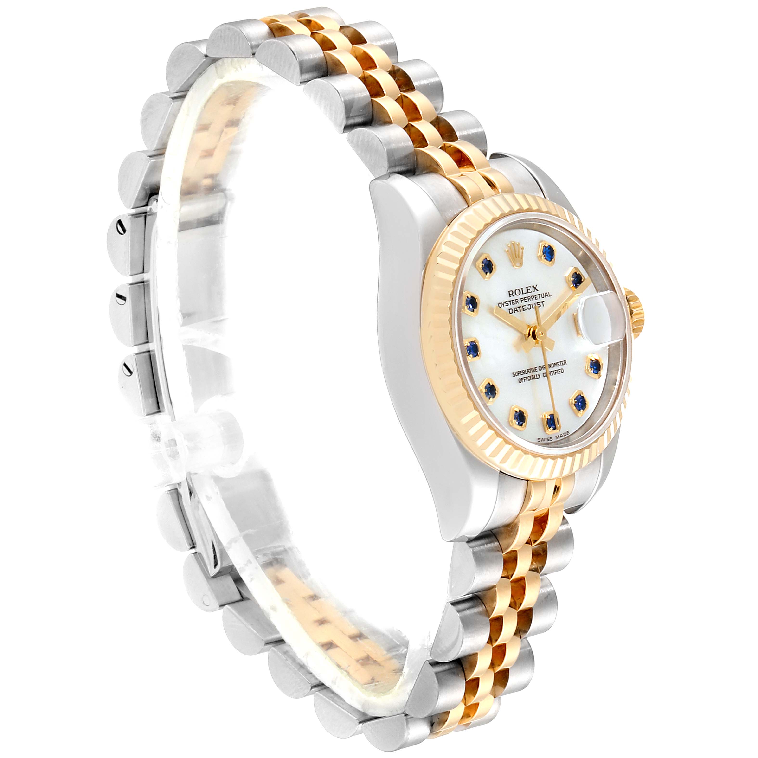 This image shows a Rolex Datejust 179173 Women's Steel and Gold (two tone) Mother of Pearl Dial 179173 Women's Steel and Gold (two tone) Mother of Pearl Dial watch at a slight angle, highlighting its dial, bezel, and two-tone bracelet.