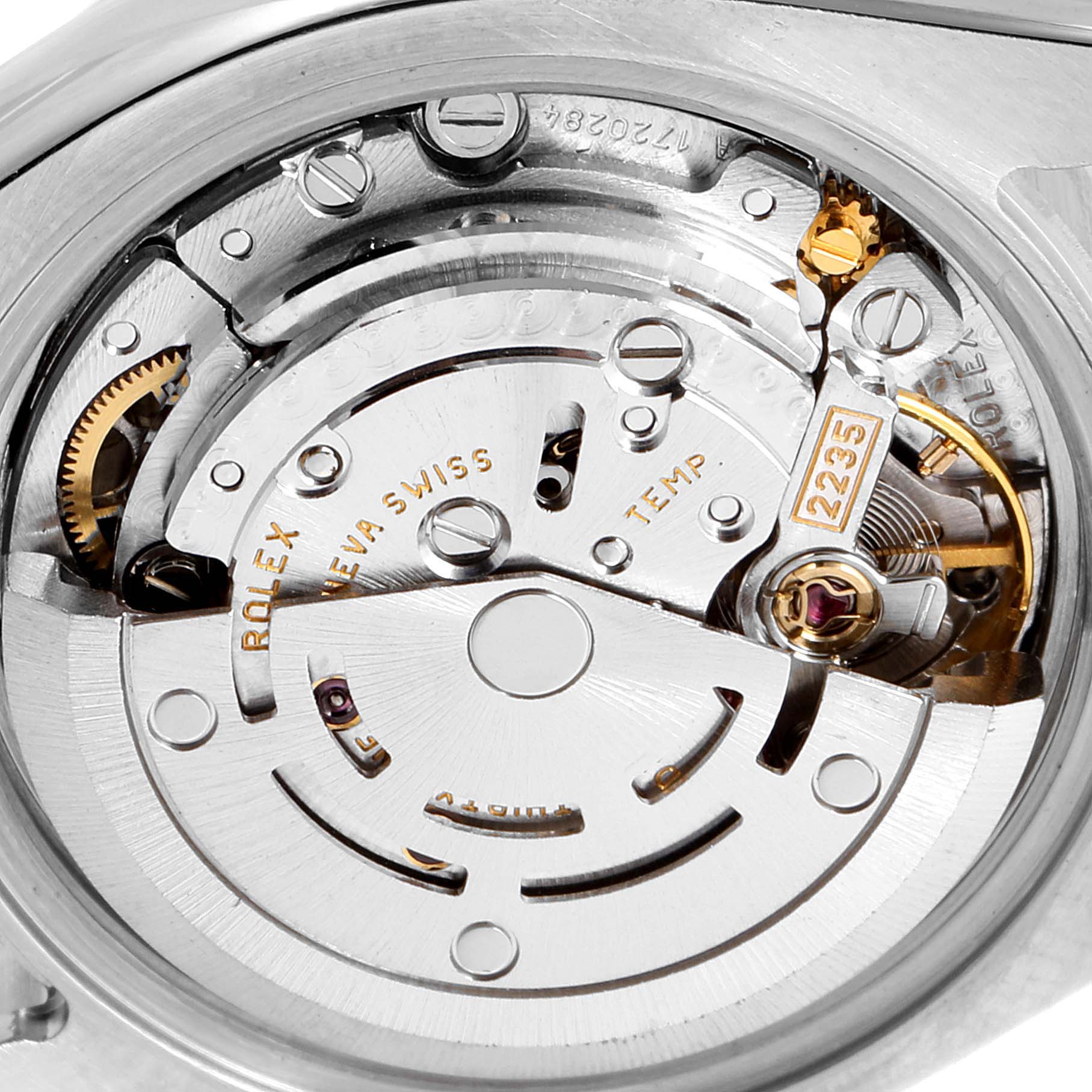 The image shows a close-up view of the movement mechanism of a Rolex Datejust 179173 Women's Steel and Gold (two tone) Mother of Pearl Dial 179173 Women's Steel and Gold (two tone) Mother of Pearl Dial watch.