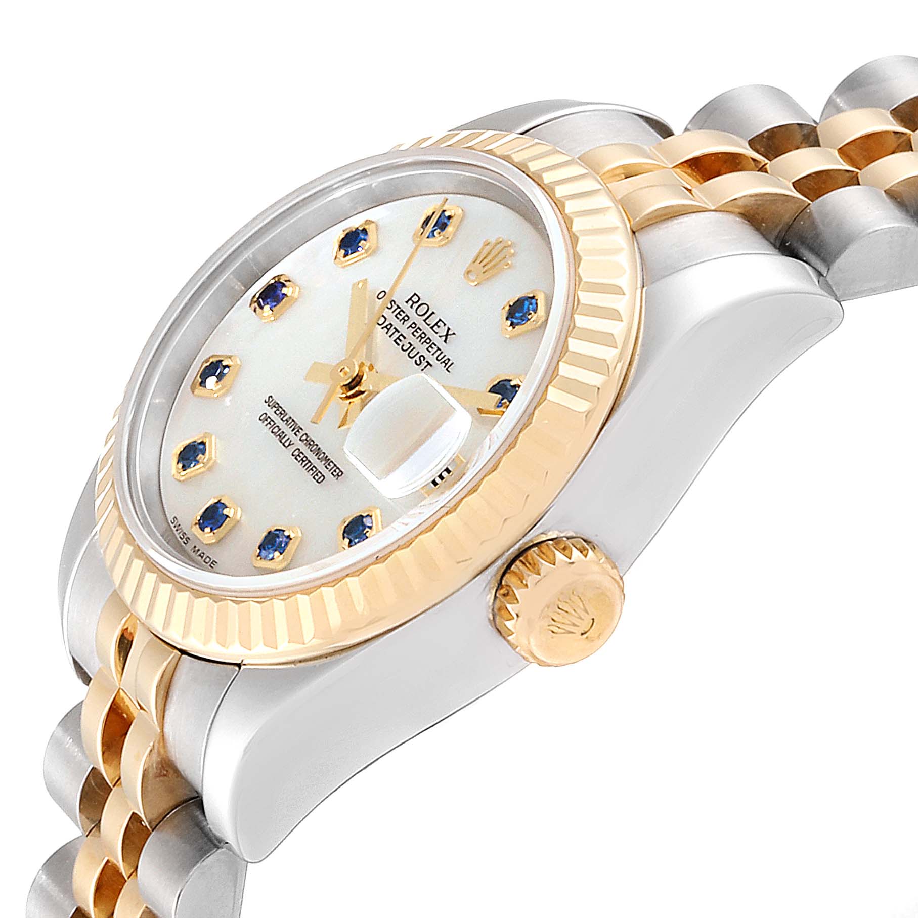 The image shows a Rolex Datejust 179173 Women's Steel and Gold (two tone) Mother of Pearl Dial 179173 Women's Steel and Gold (two tone) Mother of Pearl Dial watch from an oblique angle, highlighting the bezel, crown, dial, and part of the bracelet.