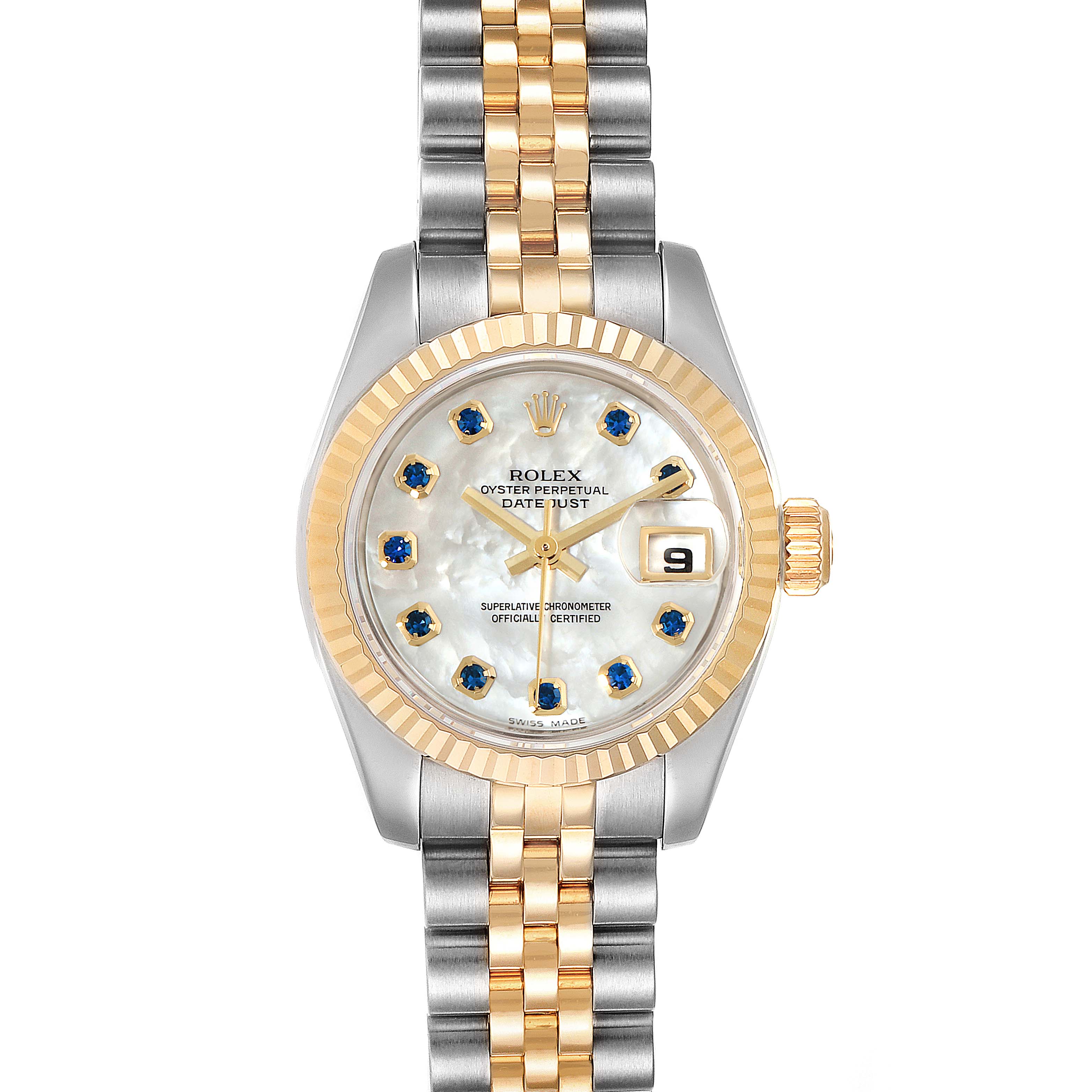 This image shows a front view of a Rolex Datejust 179173 Women's Steel and Gold (two tone) Mother of Pearl Dial 179173 Women's Steel and Gold (two tone) Mother of Pearl Dial watch, featuring its dial, fluted bezel, and two-tone bracelet.