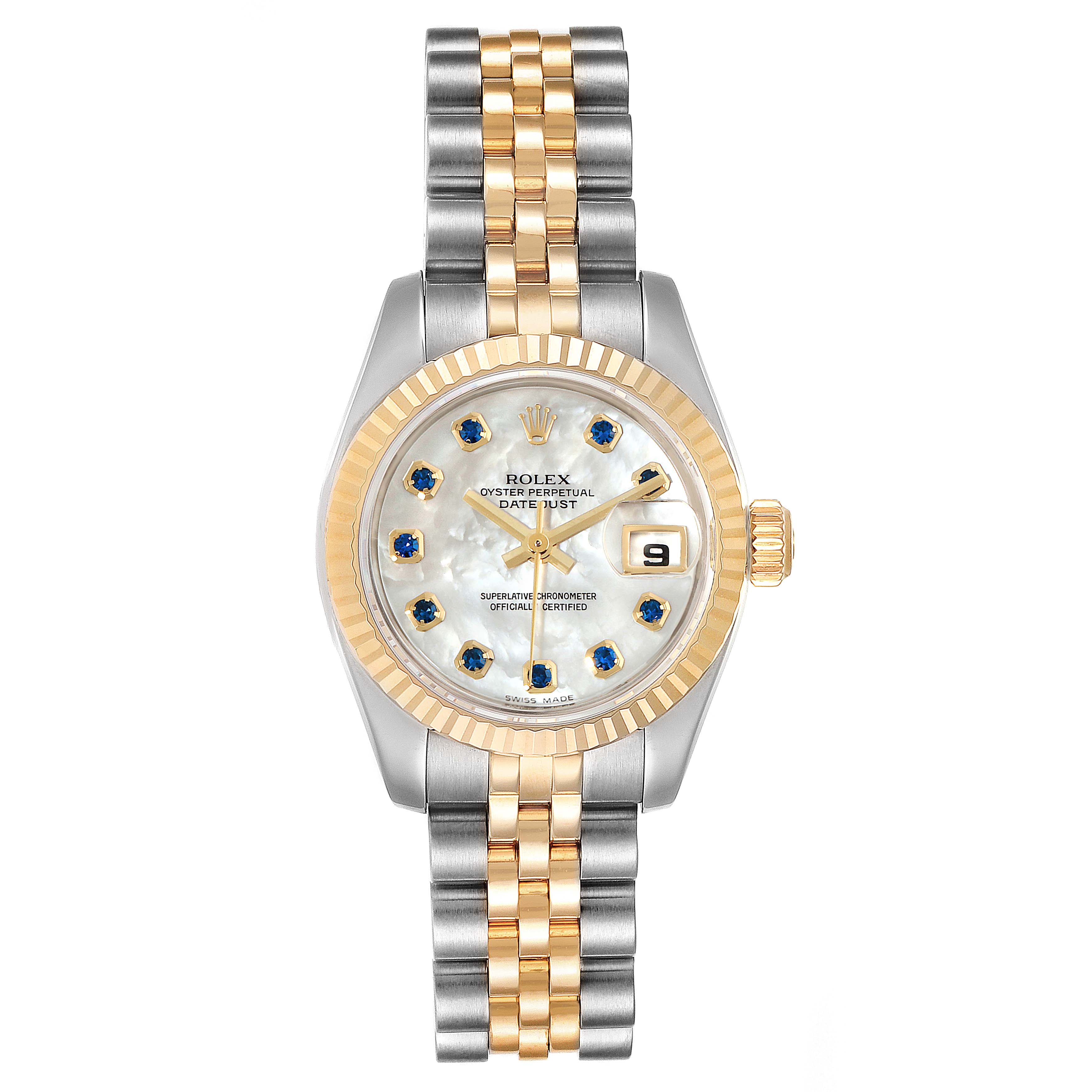 The Datejust Rolex watch is shown from a top-down angle, displaying its face, dial, bezel, and bracelet.