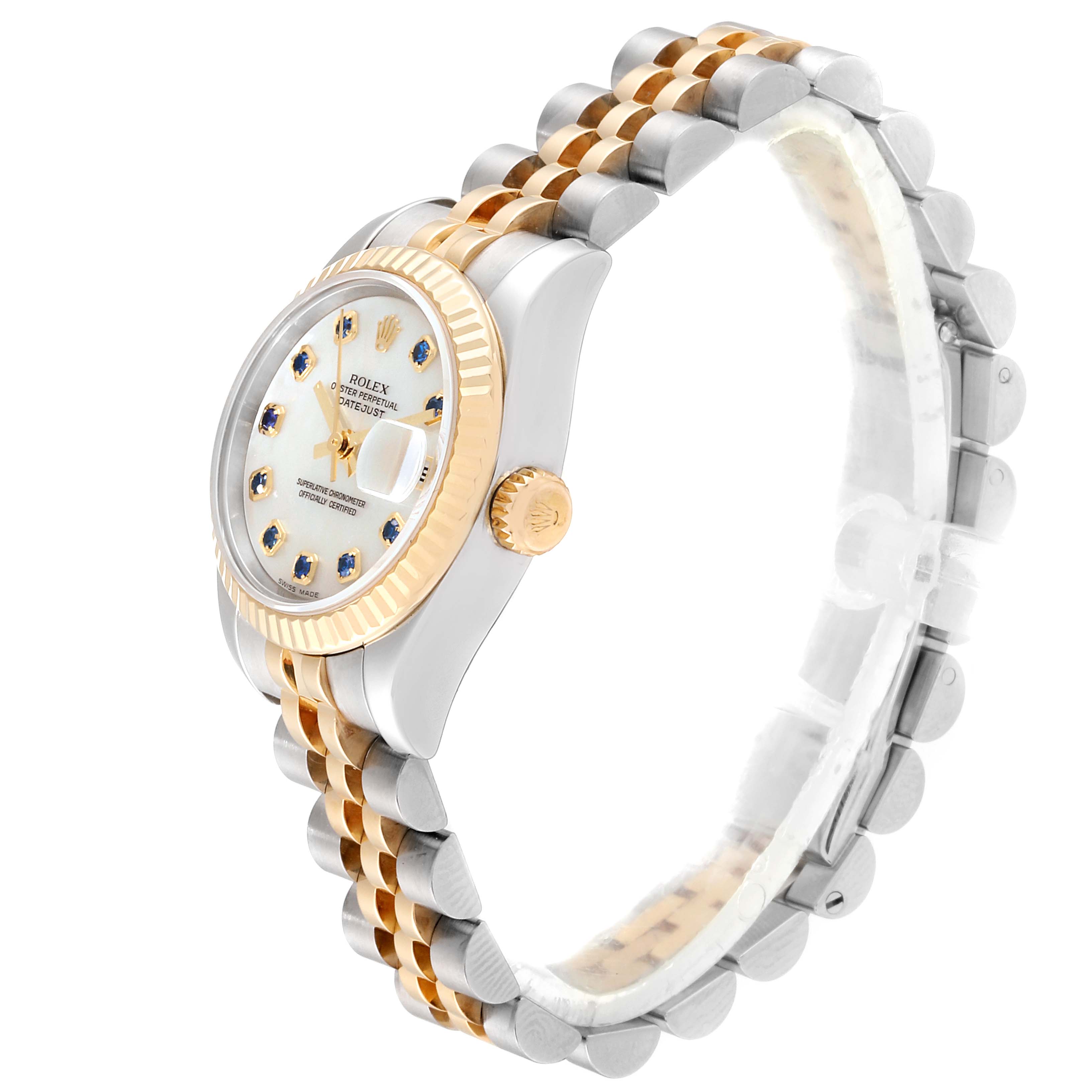 This image shows a Rolex Datejust 179173 Women's Steel and Gold (two tone) Mother of Pearl Dial 179173 Women's Steel and Gold (two tone) Mother of Pearl Dial watch from a side angle, displaying the face, crown, bezel, and two-tone bracelet.