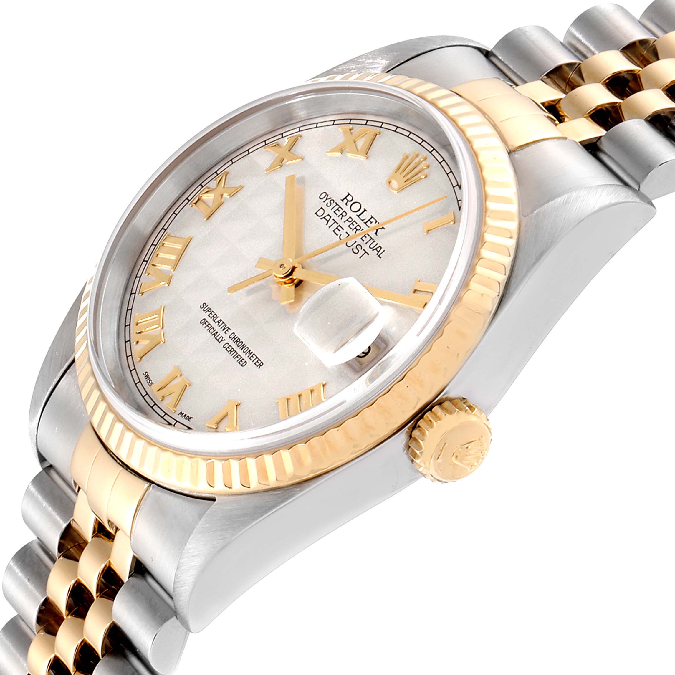 This image shows a close-up angled view of the face, crown, bezel, and part of the bracelet of the Rolex Datejust 16233 Men's Steel and Gold (two tone) Silver Dial 16233 Men's Steel and Gold (two tone) Silver Dial watch.