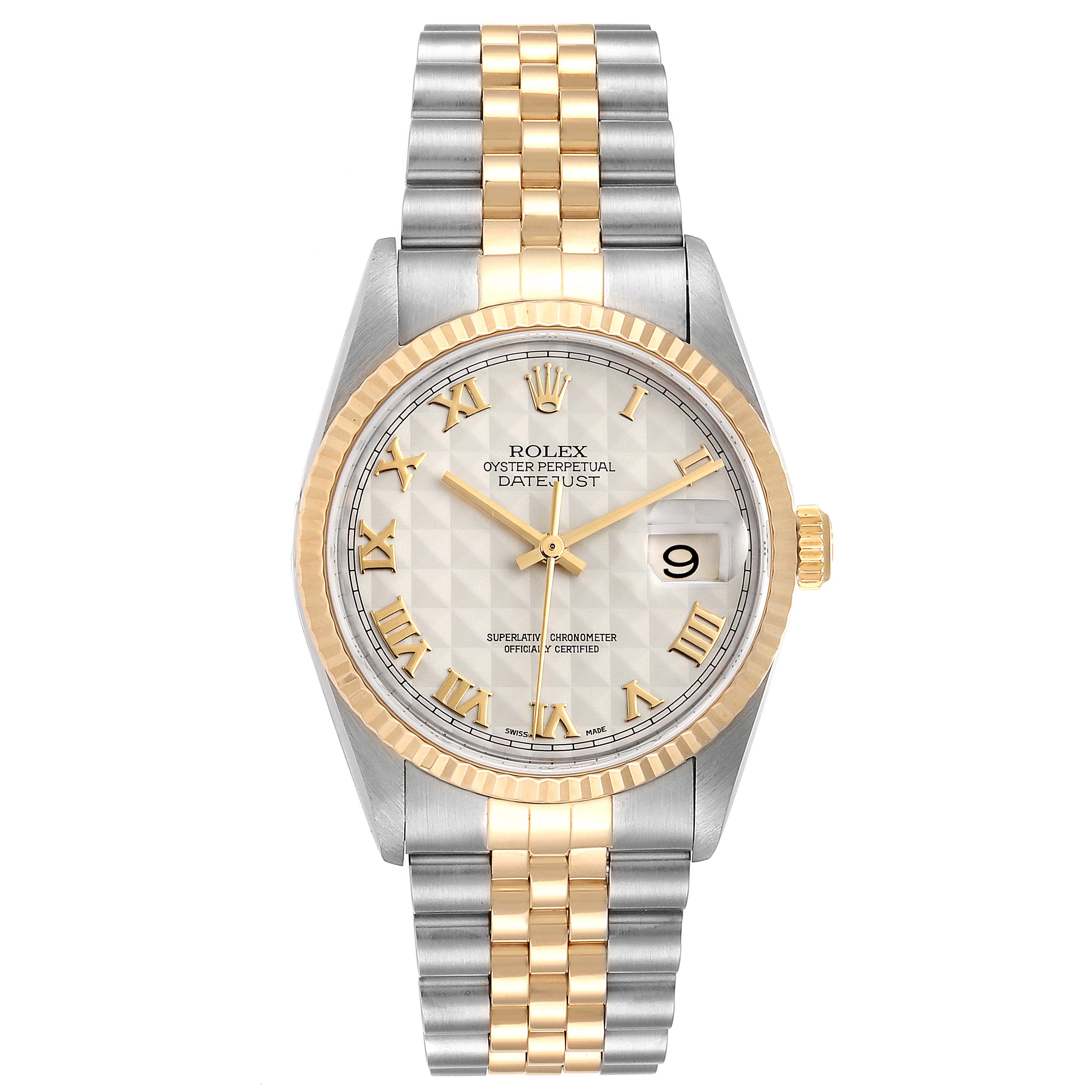 The Datejust model by Rolex is shown from a front angle, highlighting the watch face, hands, bezel, and bracelet.