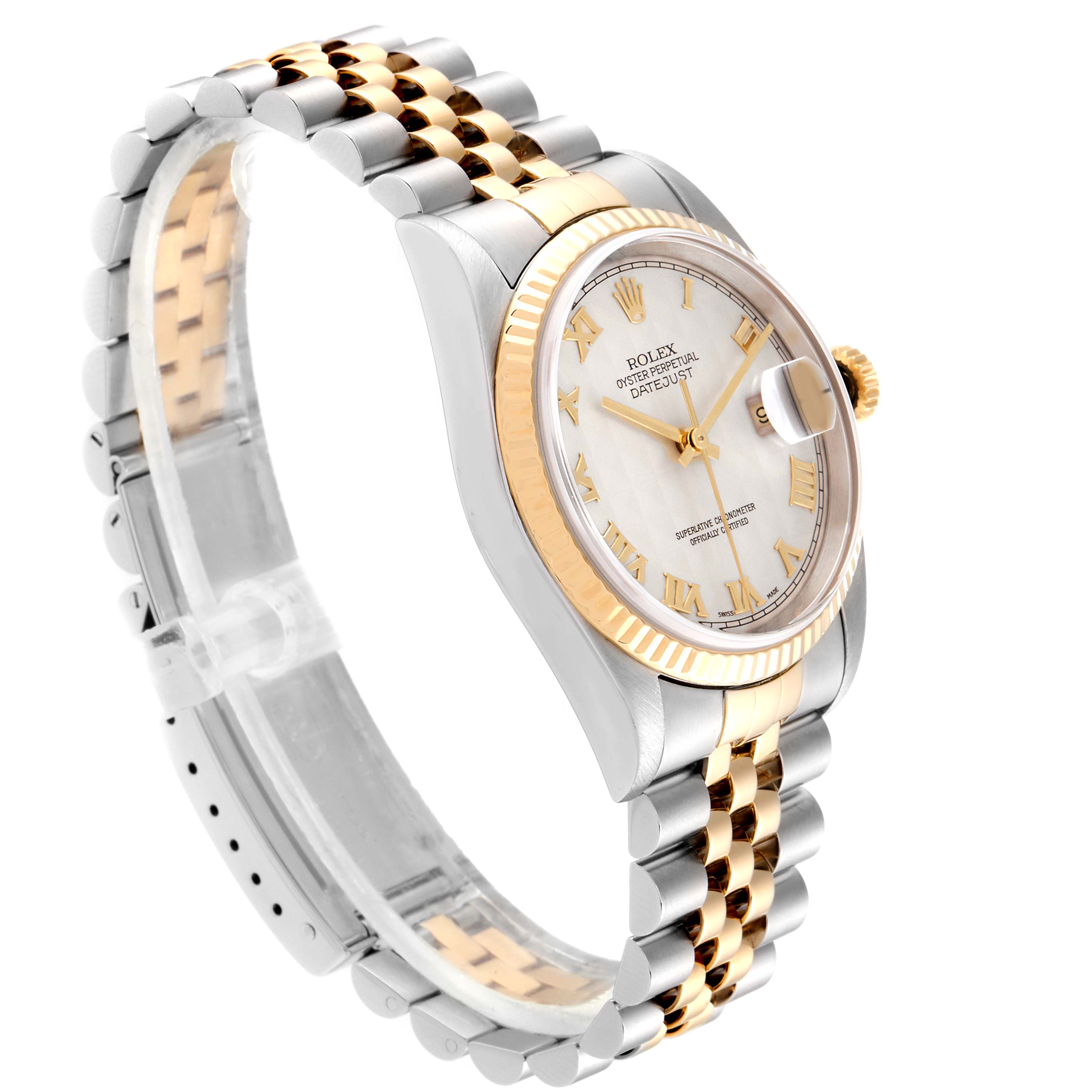 The Rolex Datejust 16233 Men's Steel and Gold (two tone) Silver Dial 16233 Men's Steel and Gold (two tone) Silver Dial watch is shown at a three-quarter angle, highlighting its two-tone Jubilee bracelet, bezel, and face.