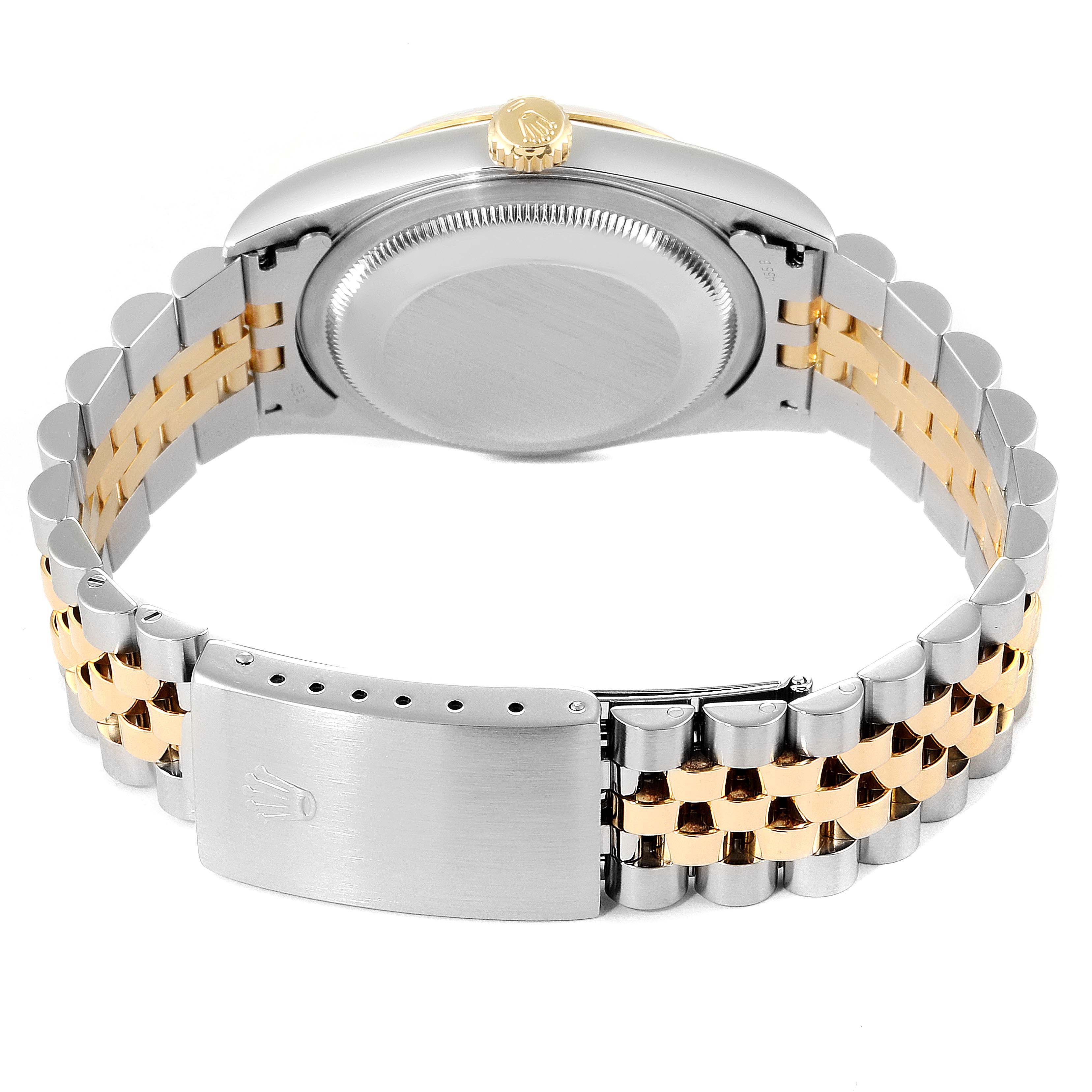 The image shows the back view of a Rolex Datejust 16233 Men's Steel and Gold (two tone) Silver Dial 16233 Men's Steel and Gold (two tone) Silver Dial, including the case back and a two-tone metal bracelet.