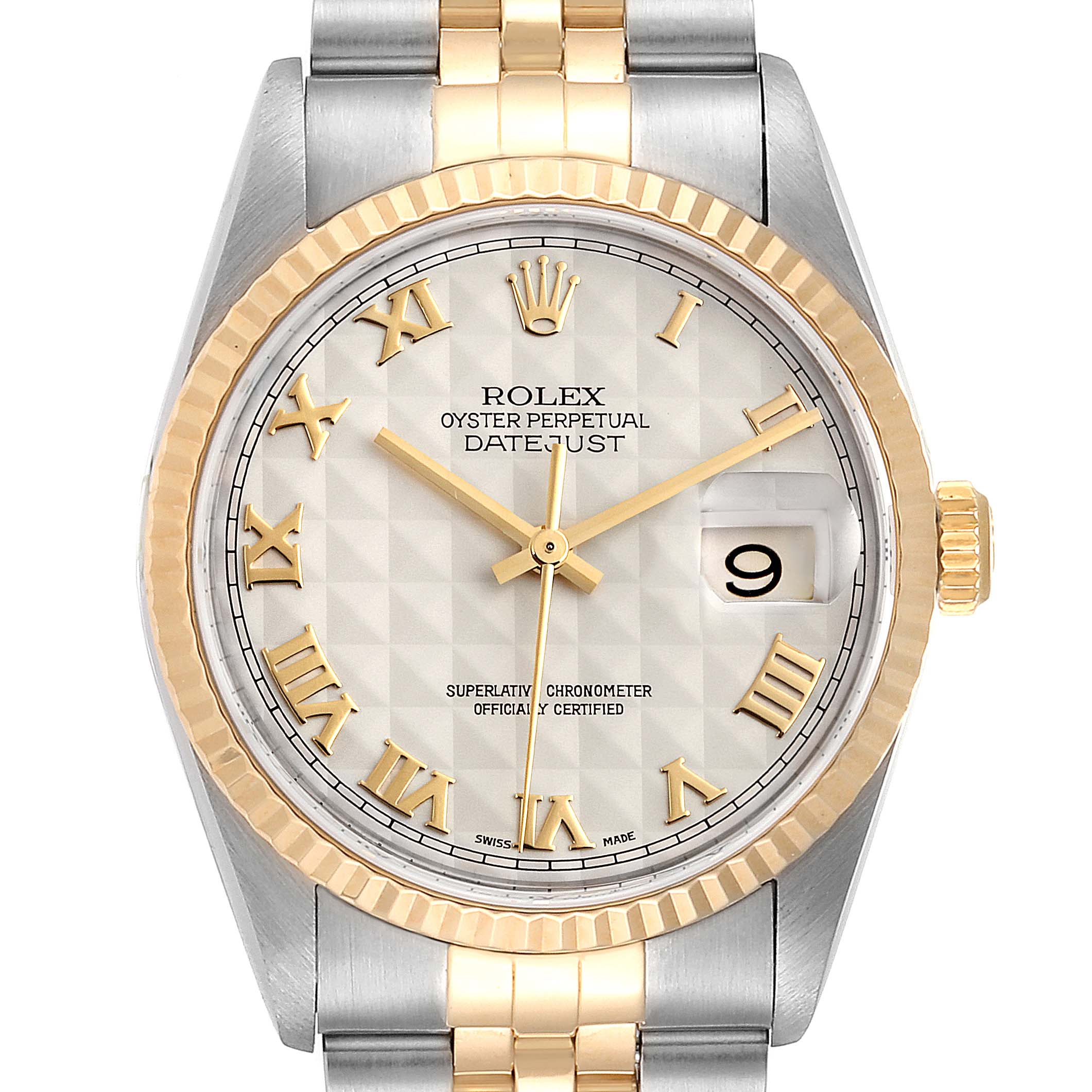 This image shows a frontal view of a Rolex Datejust 16233 Men's Steel and Gold (two tone) Silver Dial 16233 Men's Steel and Gold (two tone) Silver Dial watch, highlighting its gold and silver design, Roman numeral markers, and date display.