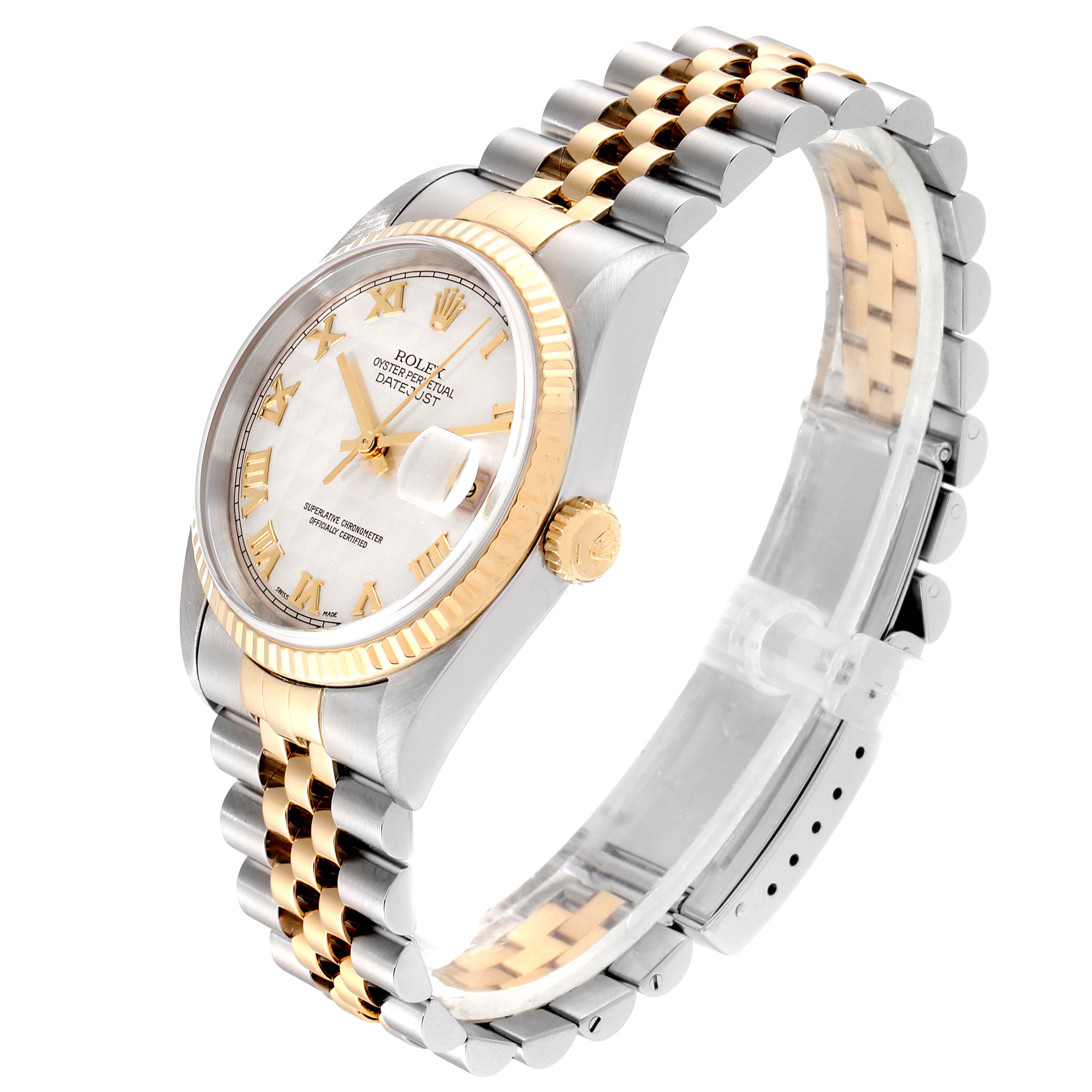 The Rolex Datejust 16233 Men's Steel and Gold (two tone) Silver Dial 16233 Men's Steel and Gold (two tone) Silver Dial watch is shown at an oblique angle, displaying the dial, bezel, crown, and two-tone bracelet.