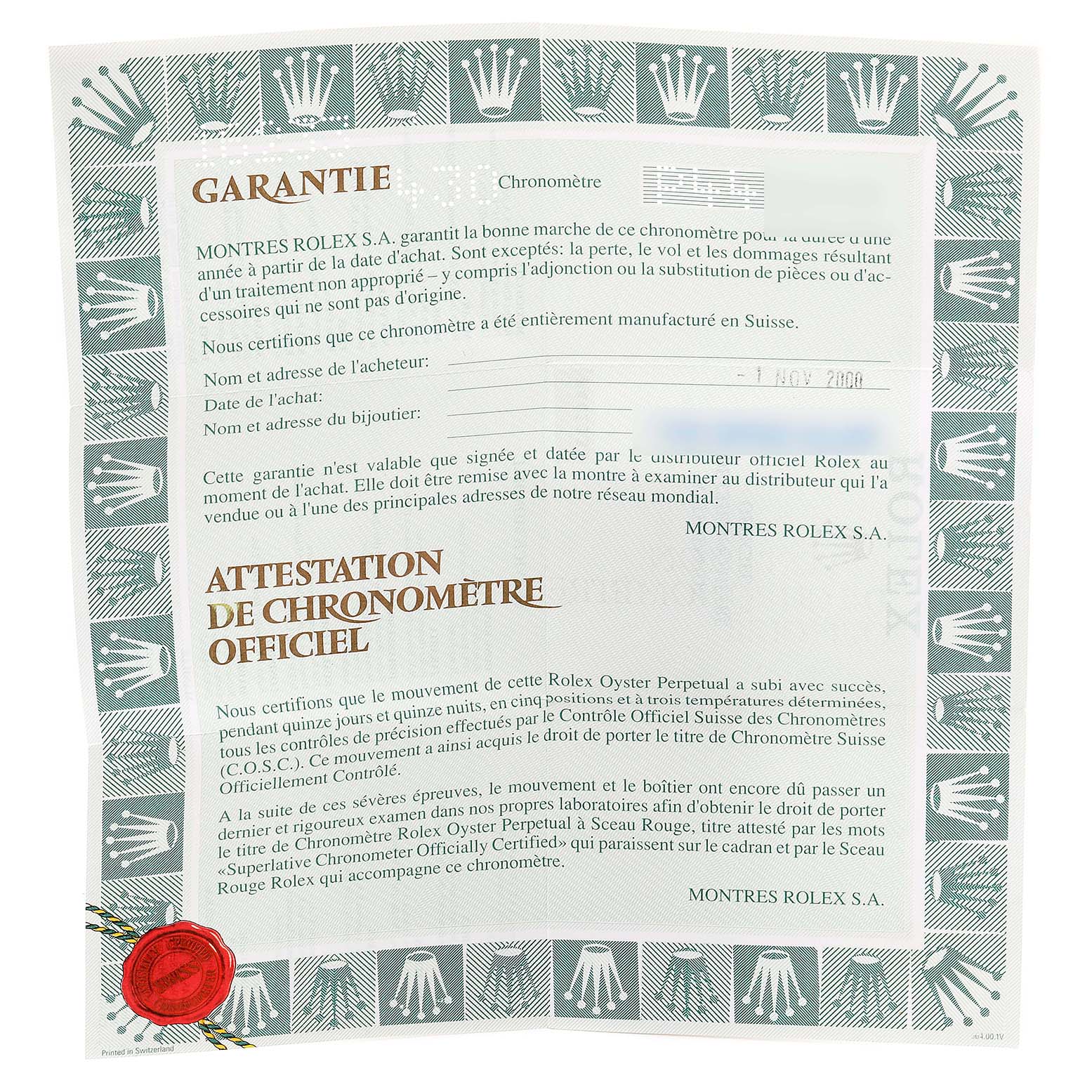 The image shows a warranty certificate for a Rolex Datejust 16233 Men's Steel and Gold (two tone) Silver Dial 16233 Men's Steel and Gold (two tone) Silver Dial watch, featuring text and the Rolex logo.