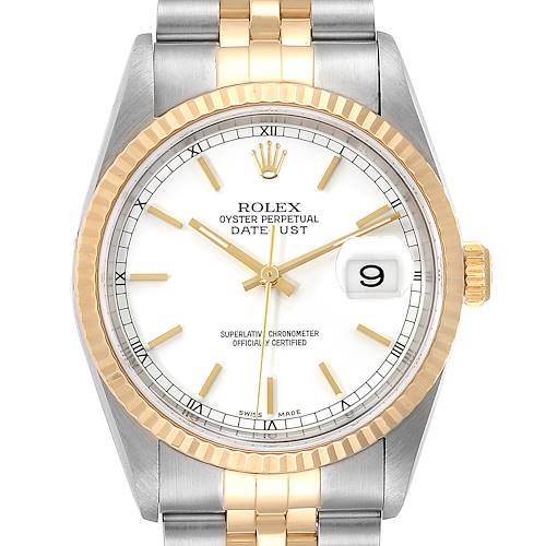 The image shows a front view of the Rolex Datejust watch, highlighting the face, bezel, crown, and two-tone bracelet.