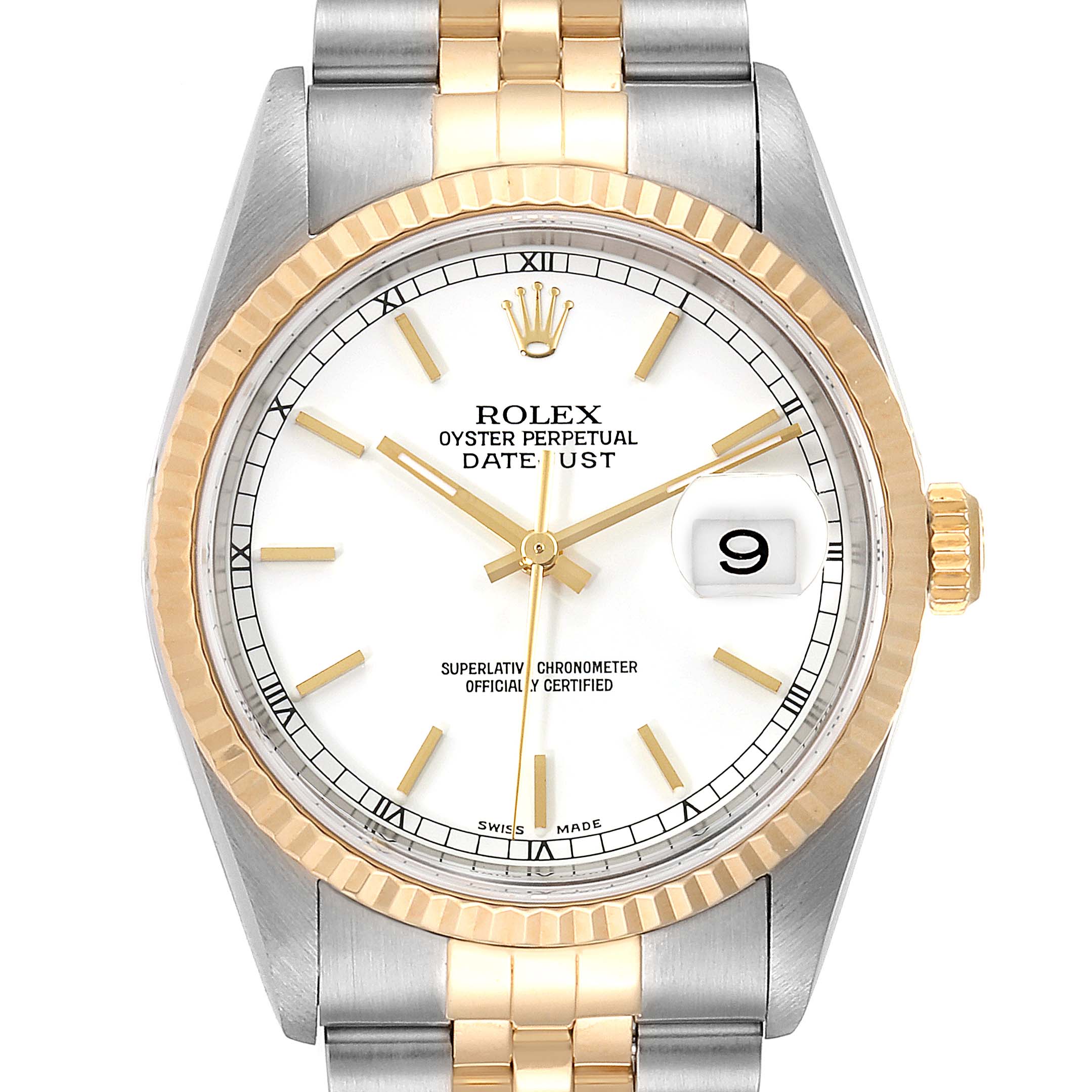The image shows a front view of the Rolex Datejust 16233 Men
s Steel and Gold (two tone) White Dial 16233 Men
s Steel and Gold (two tone) White Dial watch, highlighting the dial, bezel, and part of the bracelet.