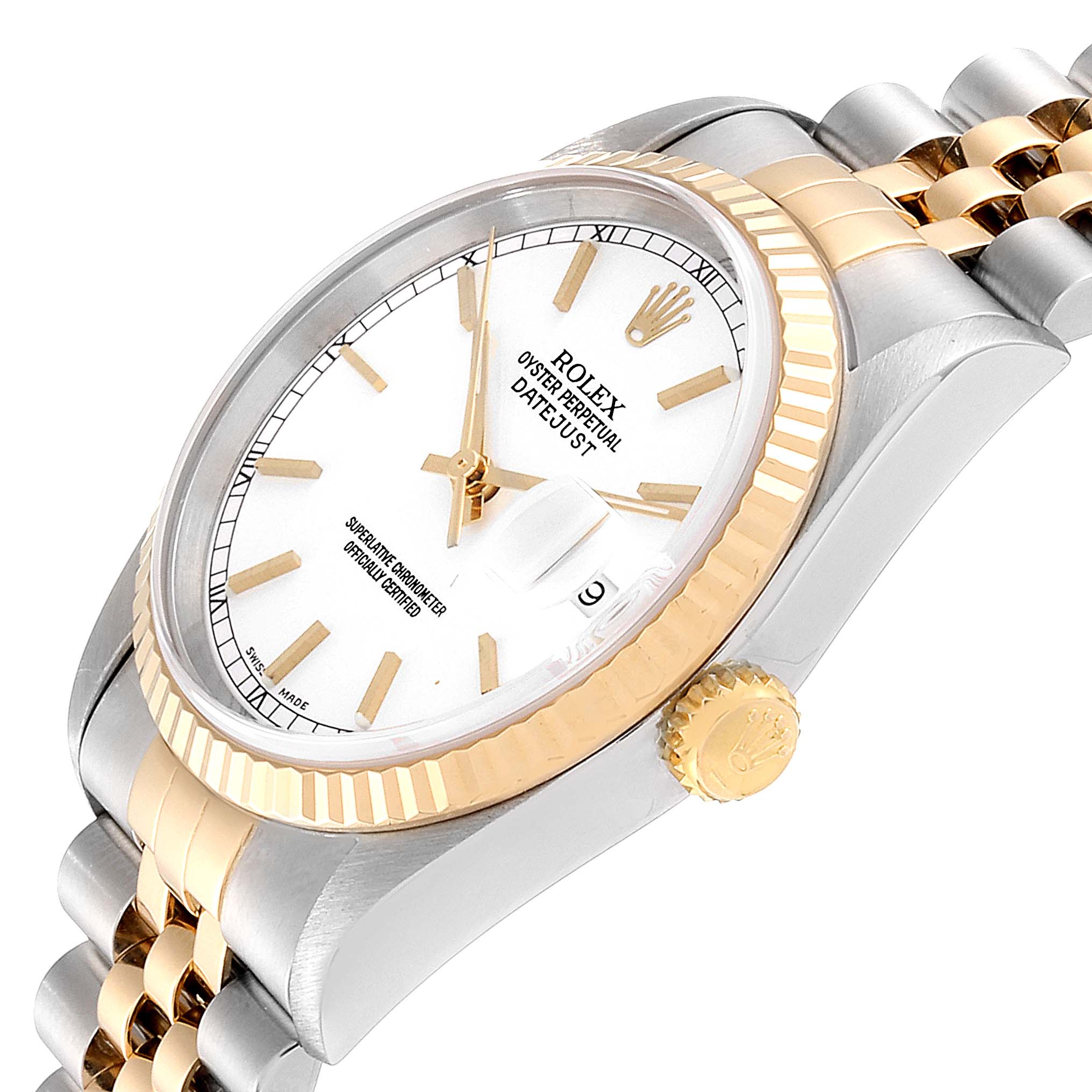 The Rolex Datejust 16233 Men
s Steel and Gold (two tone) White Dial 16233 Men
s Steel and Gold (two tone) White Dial watch is shown at a slight side angle, highlighting the face, bezel, crown, and part of the bracelet.