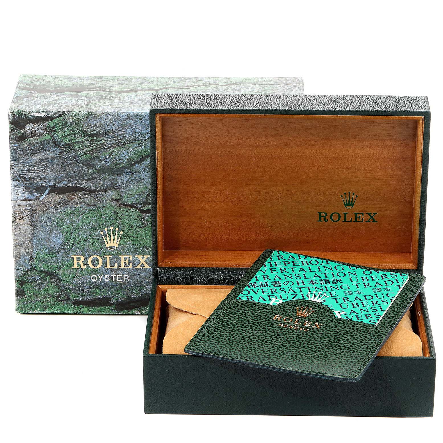 This image shows an open Rolex Datejust 16233 Men
s Steel and Gold (two tone) White Dial 16233 Men
s Steel and Gold (two tone) White Dial box with the outer packaging and a branded booklet inside.