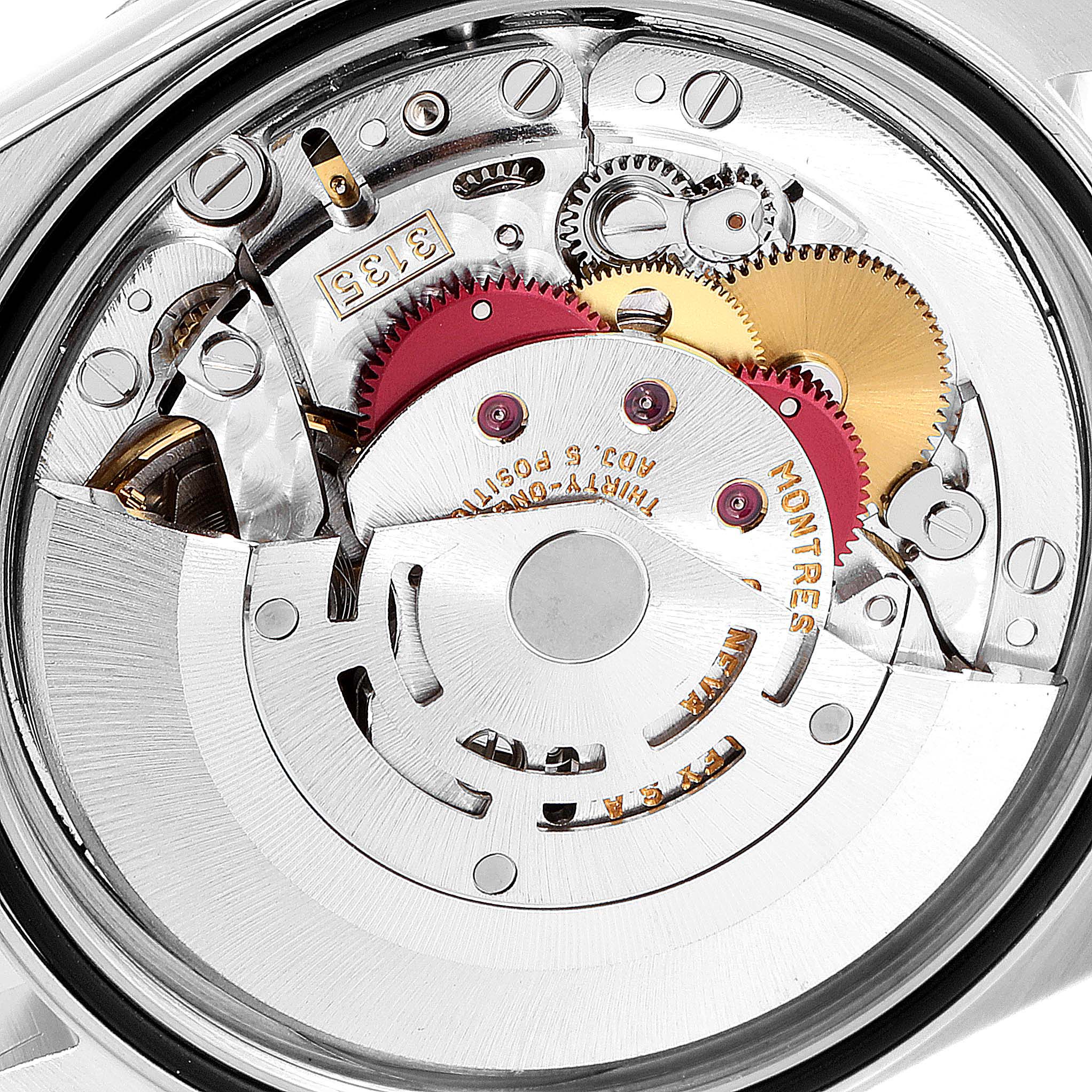 This image shows the movement mechanism of a Rolex Datejust 16233 Men
s Steel and Gold (two tone) White Dial 16233 Men
s Steel and Gold (two tone) White Dial watch from the back.
