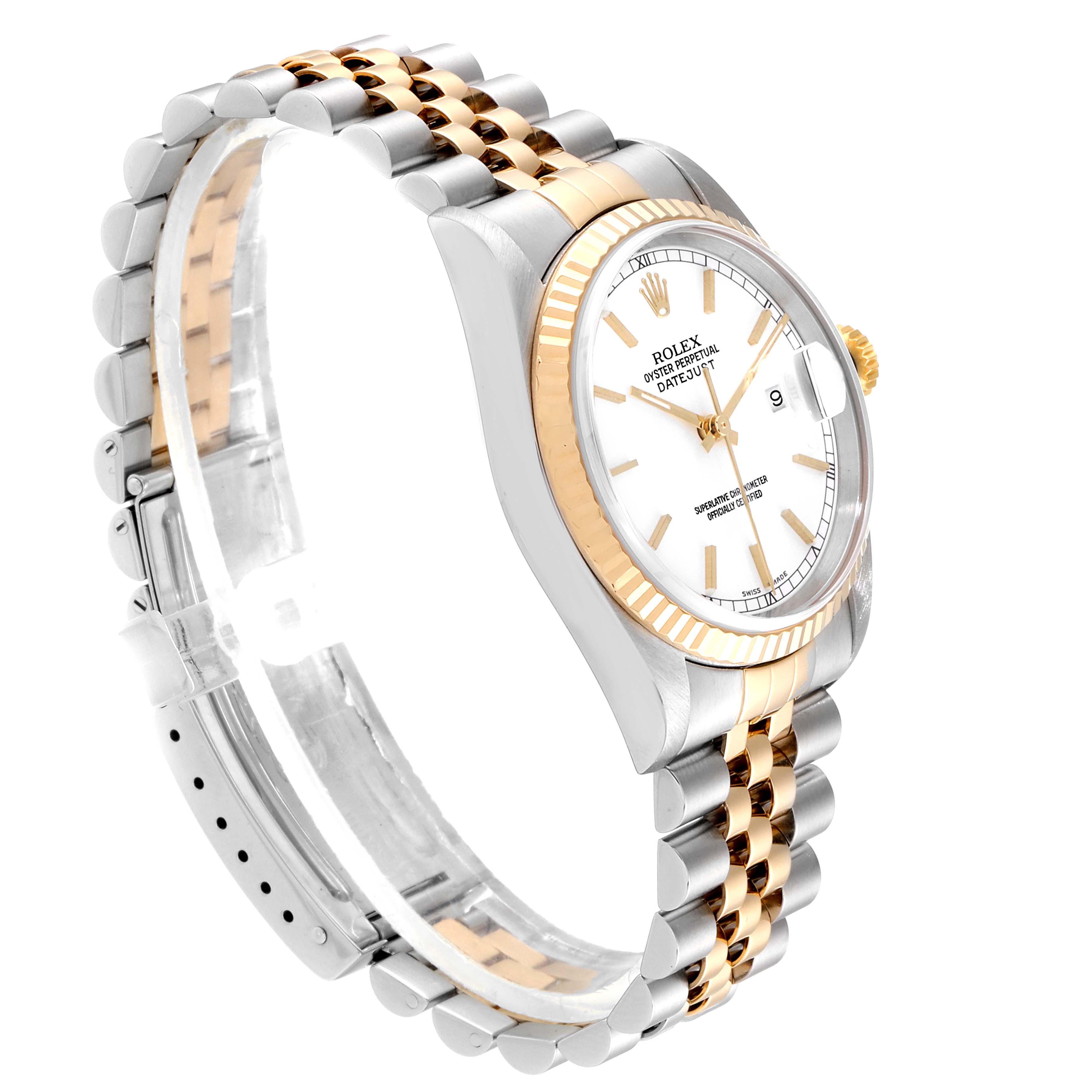 This image shows a Datejust model by Rolex at a slight angle, highlighting the watch face, bezel, and two-tone bracelet.
