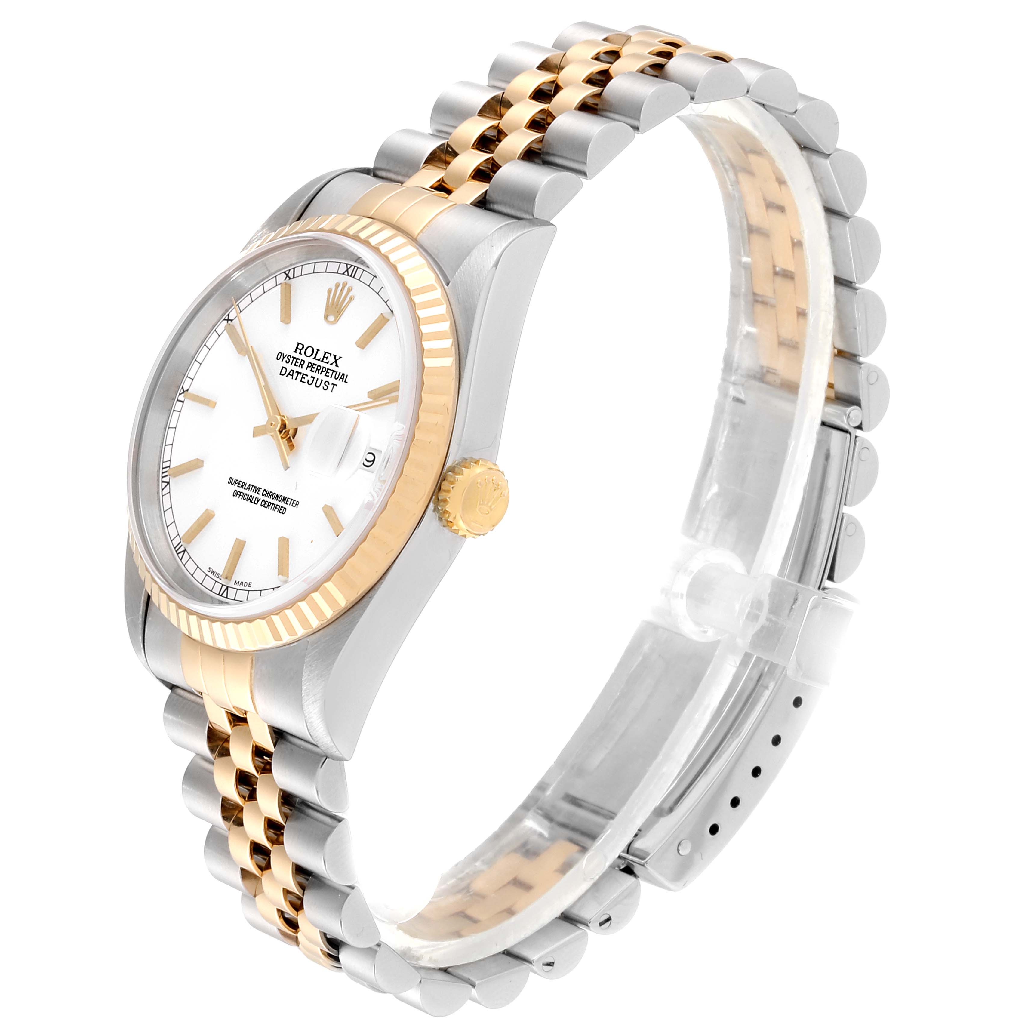 This Rolex Datejust 16233 Men
s Steel and Gold (two tone) White Dial 16233 Men
s Steel and Gold (two tone) White Dial watch is shown at a side angle, featuring its face, bezel, crown, and part of its bracelet.