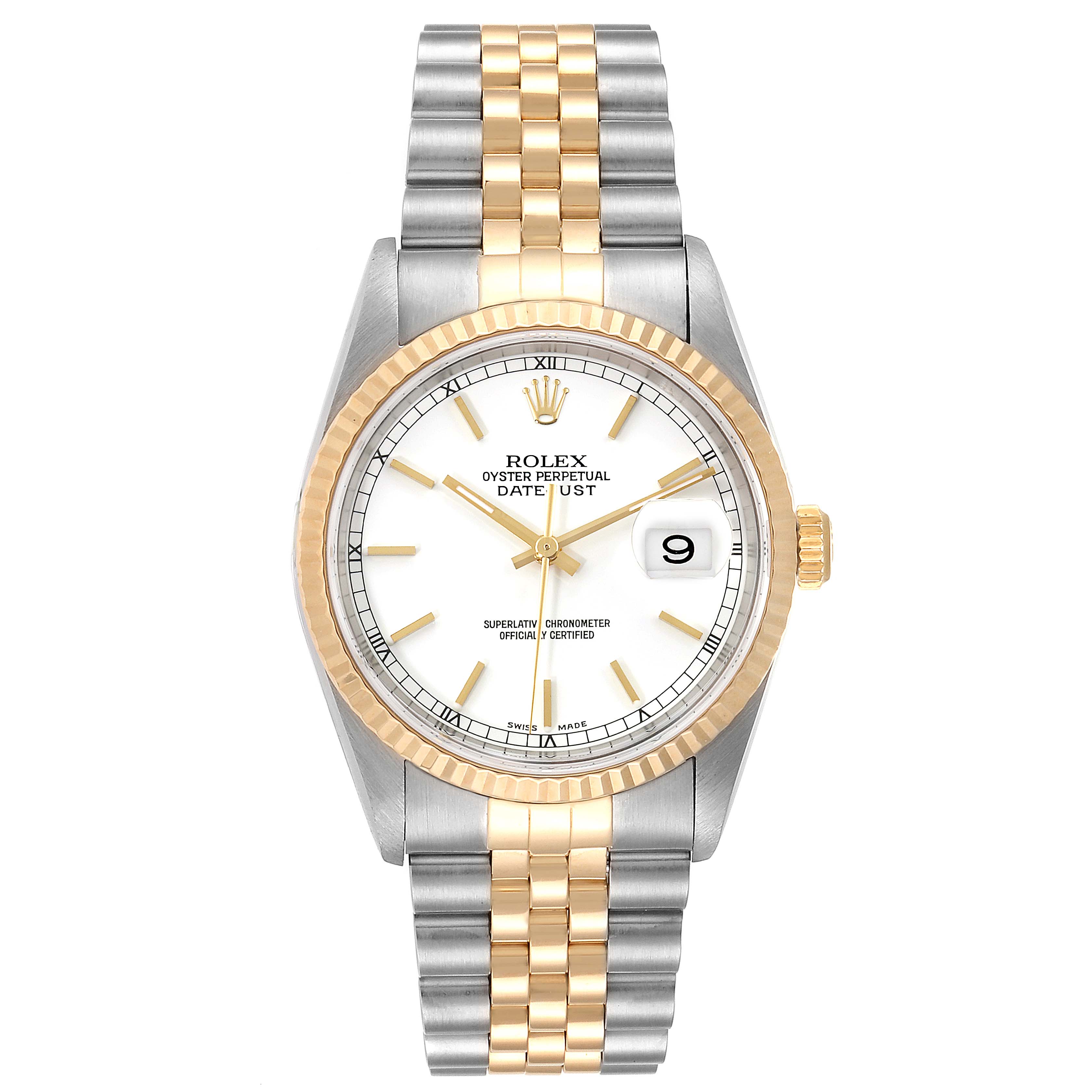 The image shows a frontal view of a Rolex Datejust 16233 Men
s Steel and Gold (two tone) White Dial 16233 Men
s Steel and Gold (two tone) White Dial watch, featuring a two-tone bracelet and white dial.