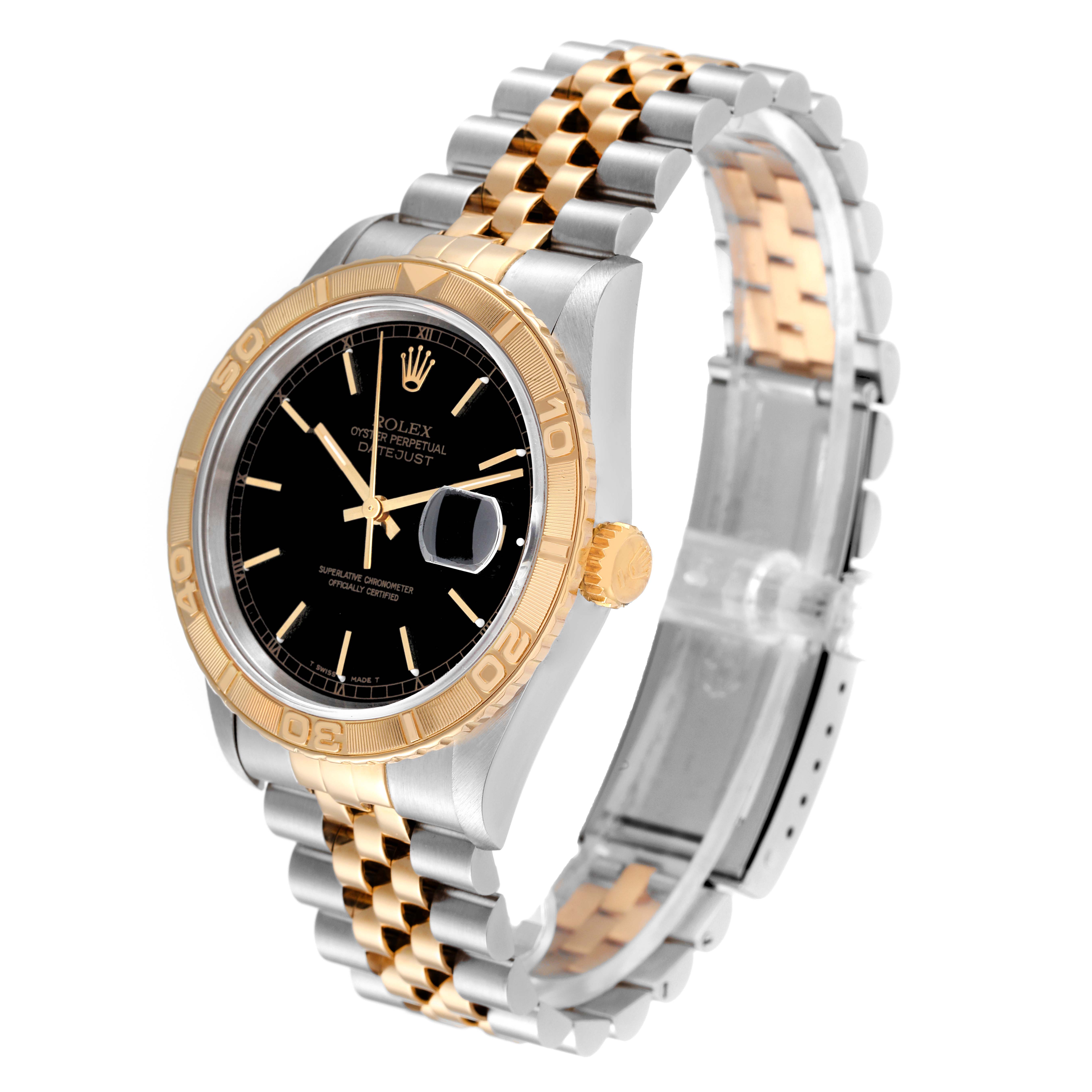The image shows a Rolex Turn-o-Graph 16263 Men's Steel and Gold (two tone) Black Dial 16263 Men's Steel and Gold (two tone) Black Dial watch from a front angle, displaying the dial, bezel, crown, and bracelet.